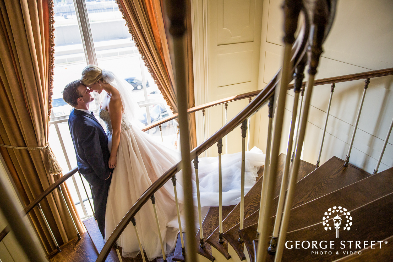 staircase bride and groom portrait detroit wedding 