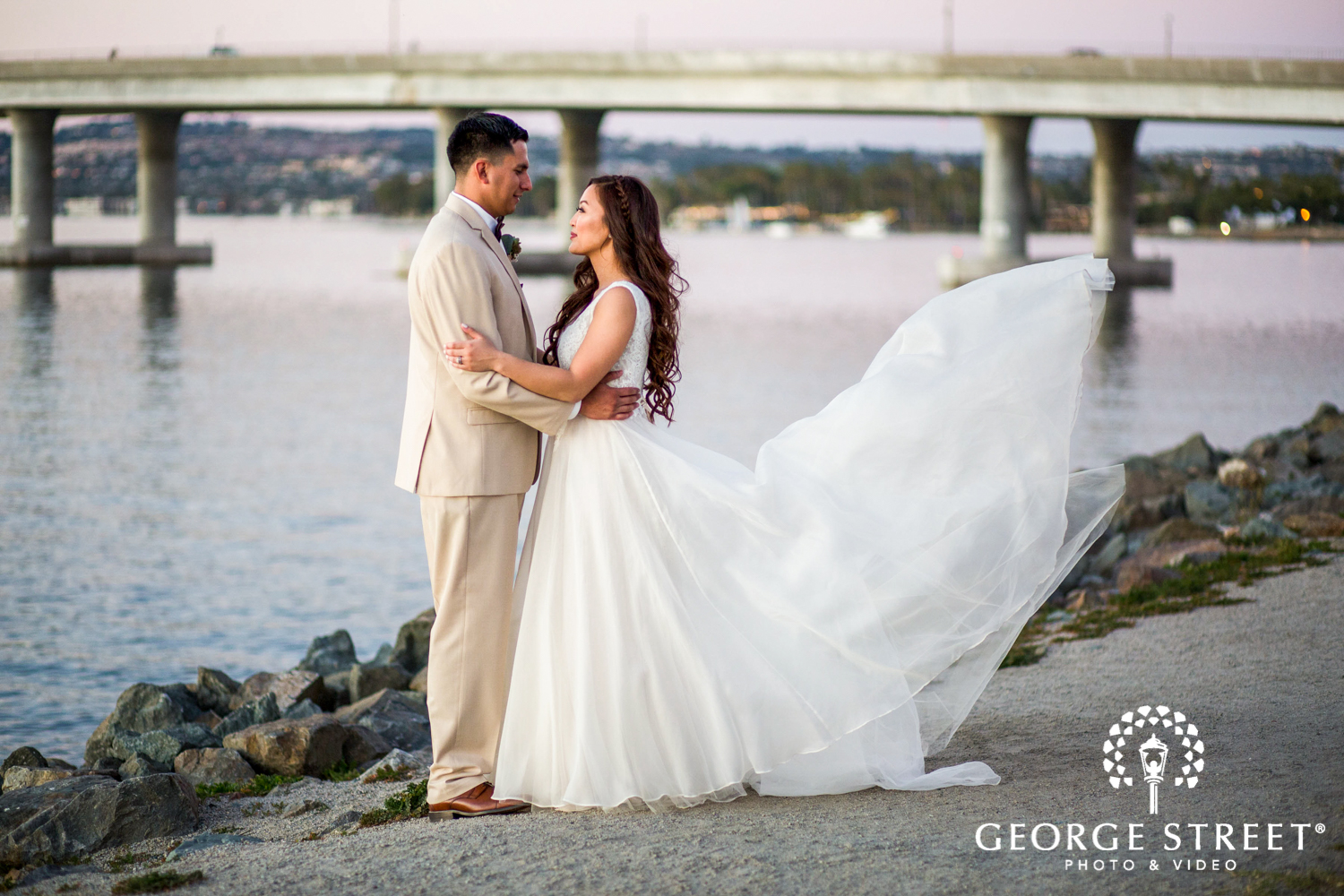 magical sunset and blue hour wedding portrait of bride and groom