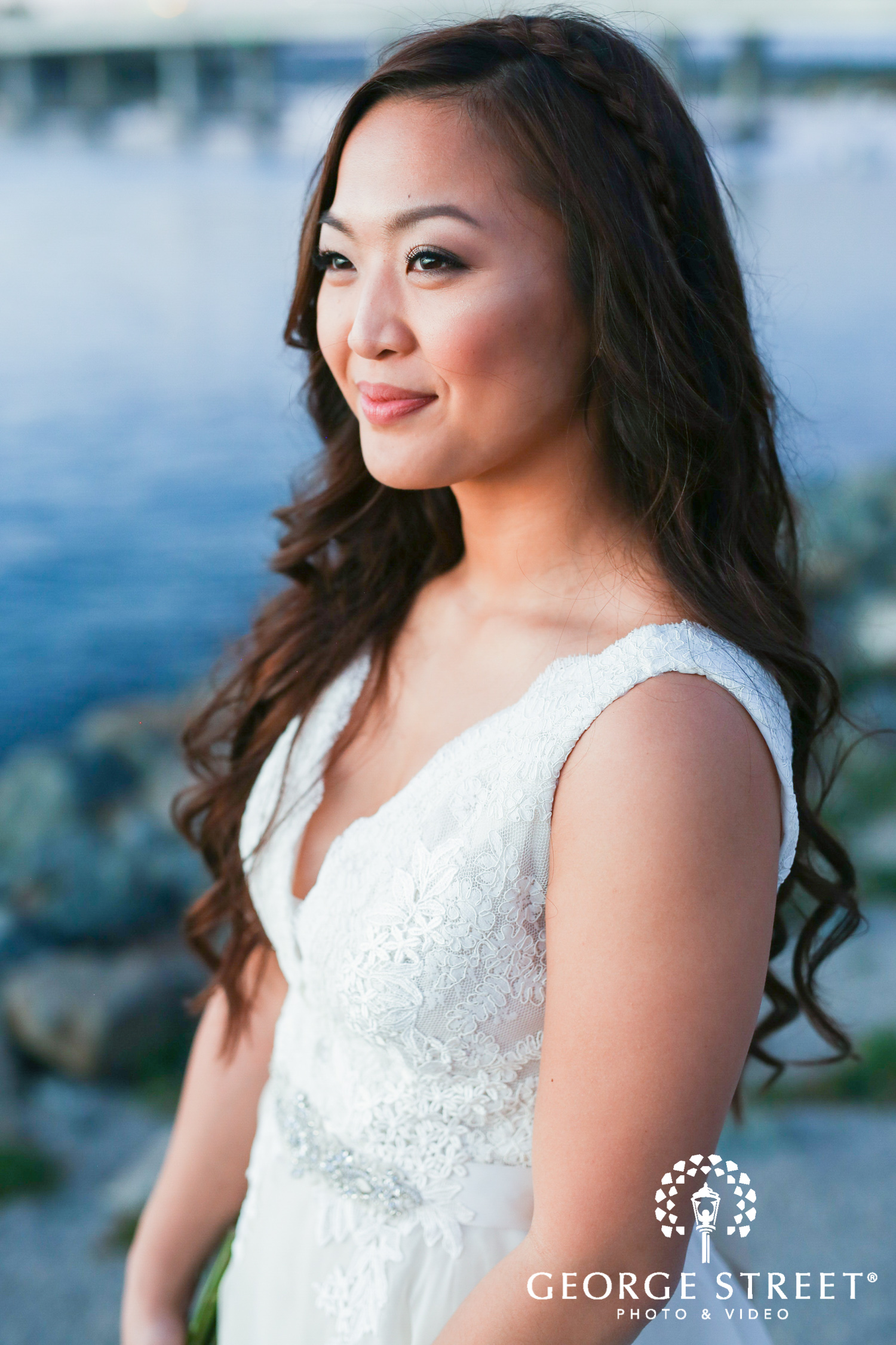 sunset blue hour bridal portrait by water