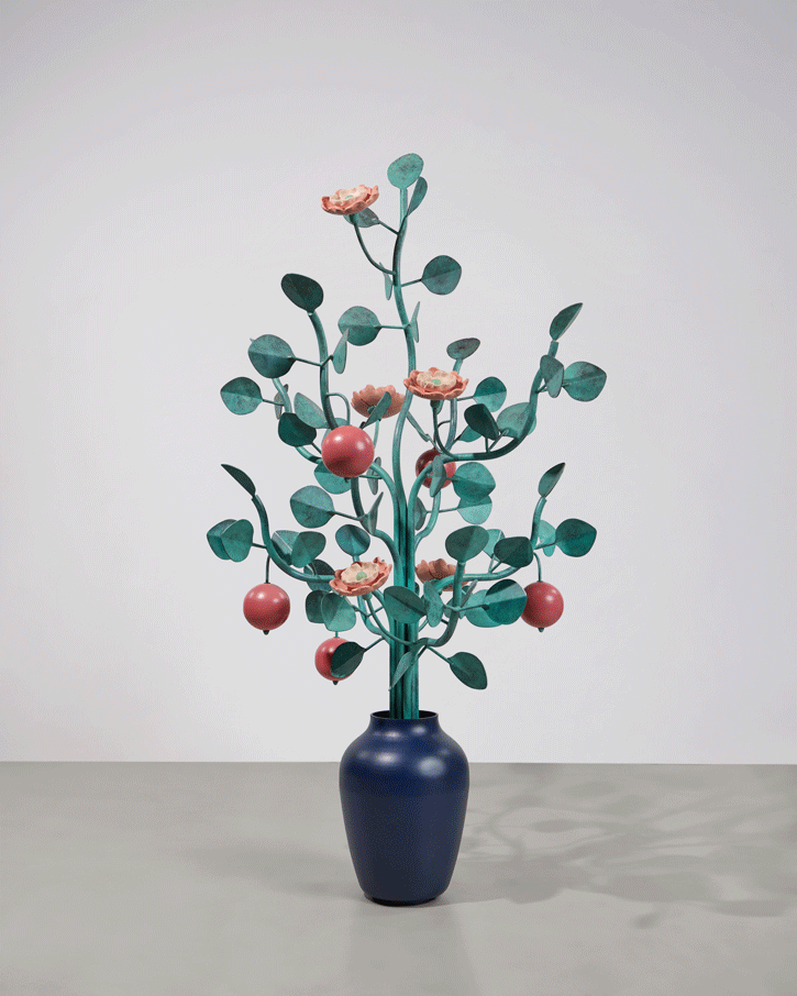 - Genesis Belanger, Eclipse, 2026. Painted bronze (flowers), patinated brass (stems & leaves), powder coated aluminum (vase). 98 x 55 x 51 inches. Photographer: Pauline Shapiro. Courtesy of the artist and Perrotin.
- Genesis Belanger, Rousseau