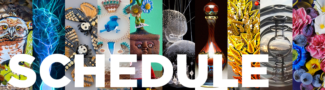 Closeup images of glass artwork with SCHEDULE spelled out over the image