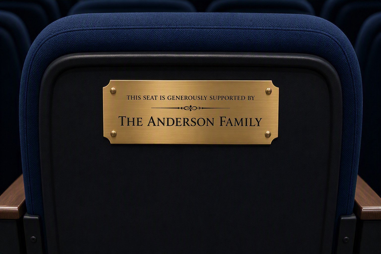 Theater seat with name plate on the back