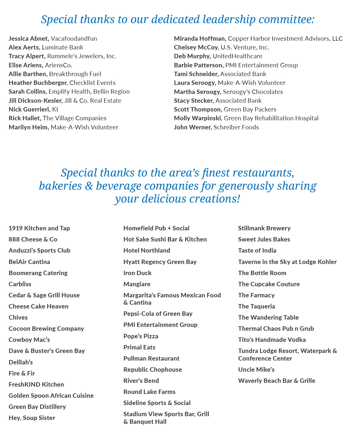 Special thanks to our dedicated leadership committee and the area's finest restaurants, bakeries & beverage companies.
