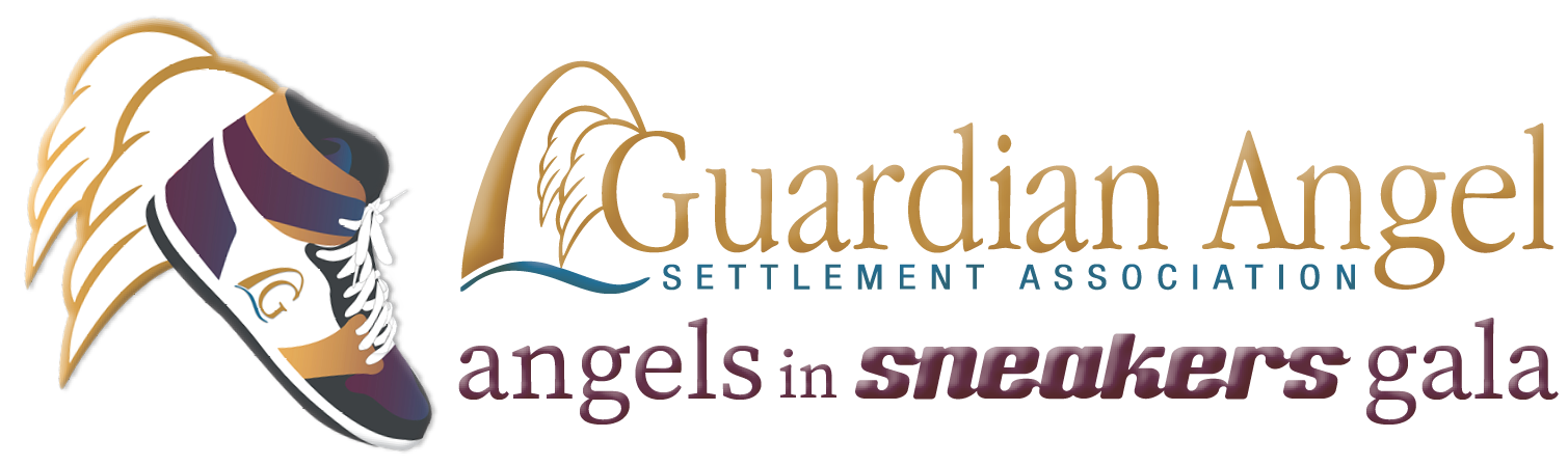 angels in sneakers logo with GASA logo.png Guardian Angel Settlement Association Logo with Sneaker Artwork and Angels in Sneakers Gala Logo