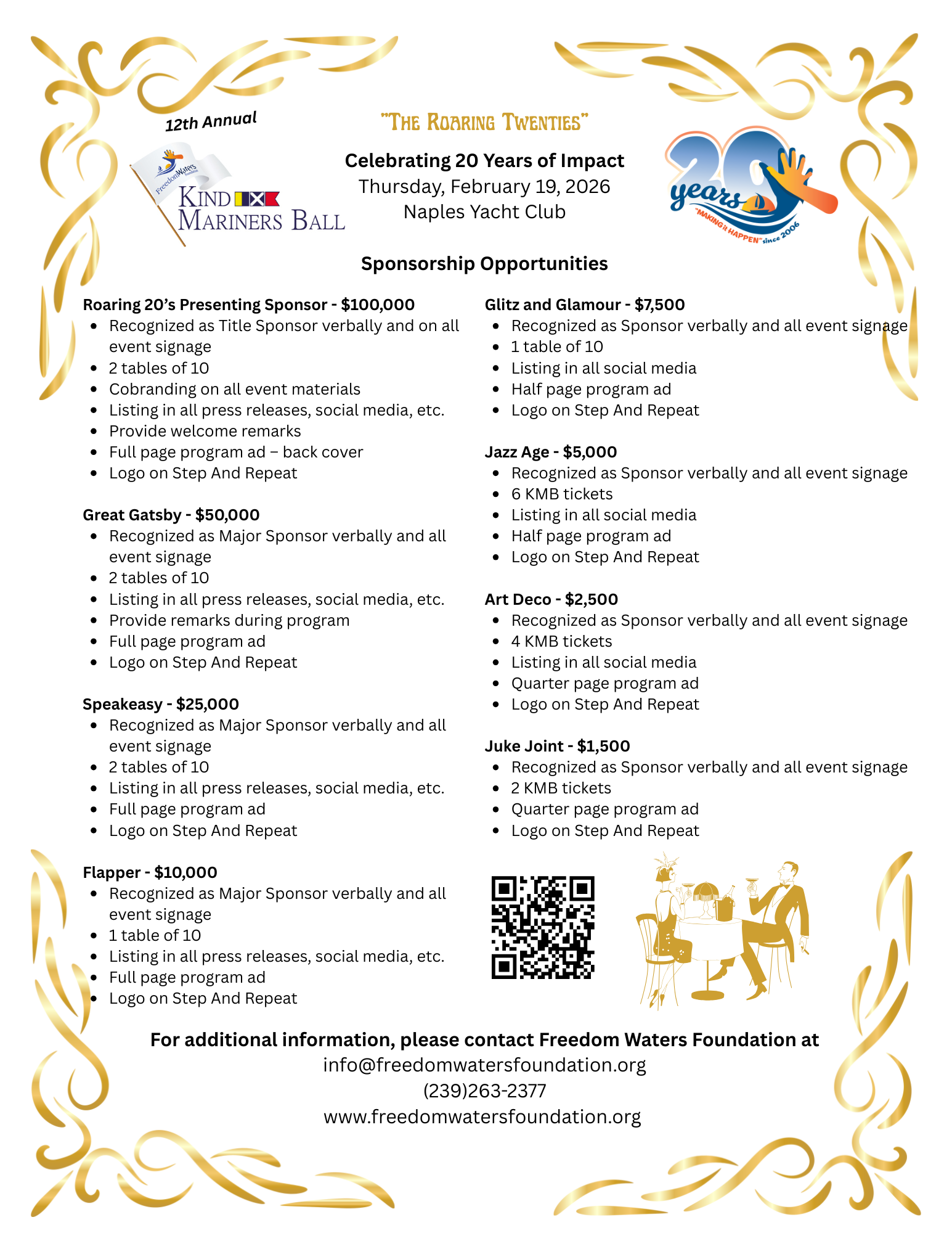 Sponsorship Opportunities with QR Code KMB 2026.png Sponsorship Opportunities for the 12th Annual Kind Mariners Ball -Roaring 20's Celebrating 20 Years of Service