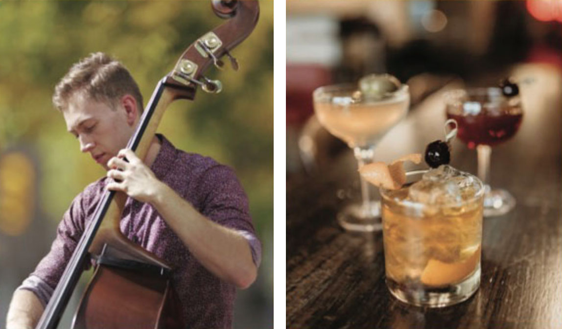 Two vertical photos, on left is a musician playing a wooden instrument. Photo on right is three cocktail glasses. 