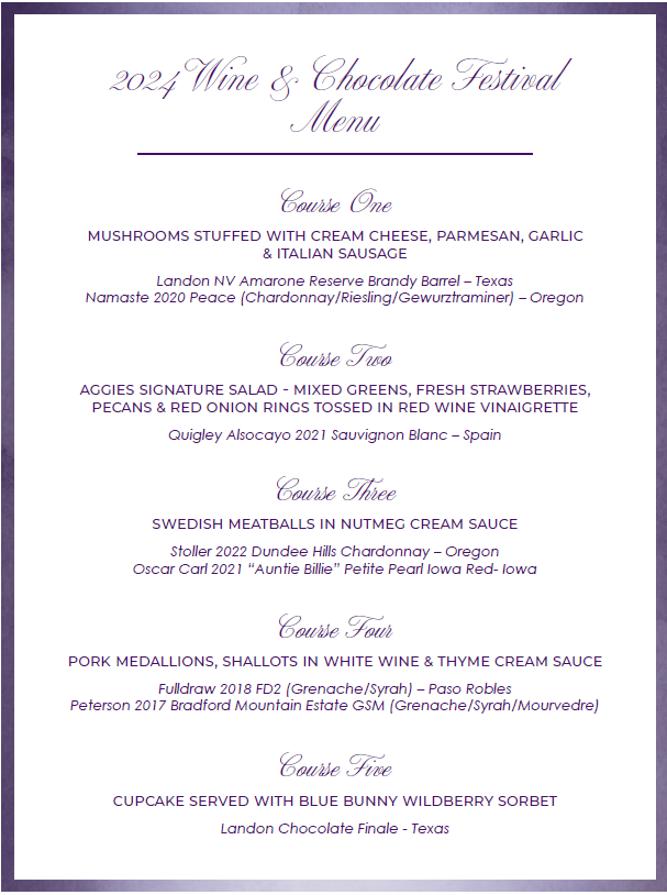 Menu for Le Mars Wine & Chocolate Festival 2024