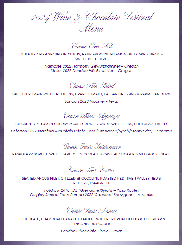 Menu for SC Wine & Chocolate Festival