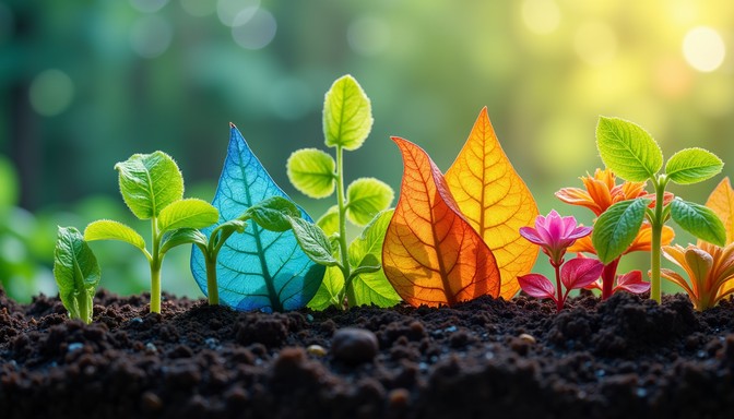 colorful-growth-spectrum-stockcake.jpg Young green seedlings and glowing leaves in blue, orange, gold, and pink rise from dark soil, backlit by soft sunlight.
