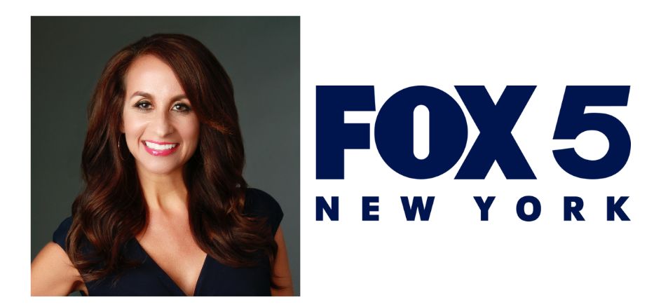 Professional headshot of a person with long, dark hair wearing a dark top, positioned on the left against a neutral background. On the right side of the image is the blue FOX 5 New York logo on a white background.