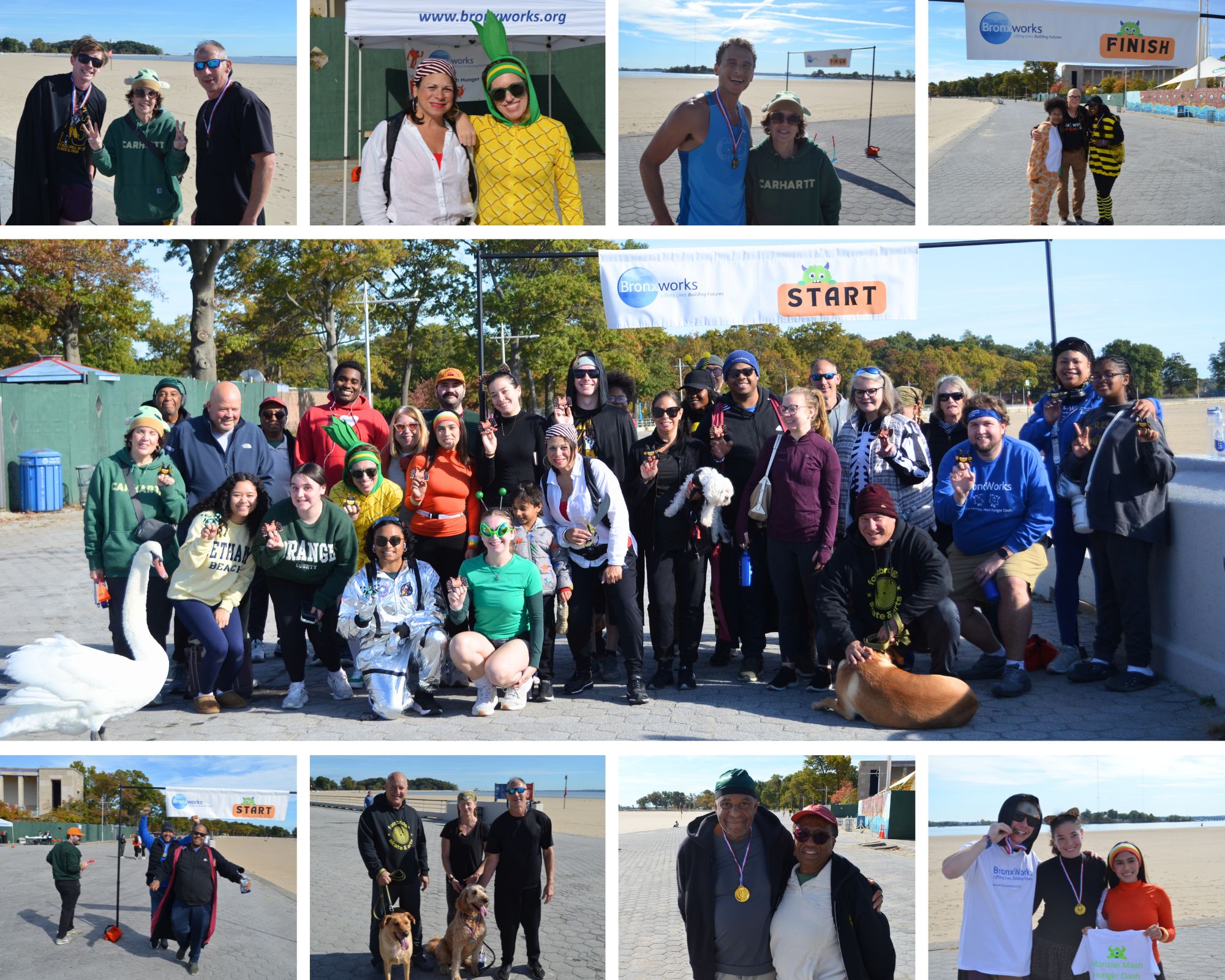 1020-5K.jpg Collage of photos from a BronxWorks beach-themed 5K event on a sunny day. A large group photo in the center shows participants in costumes and athletic clothing gathered beneath a banner reading