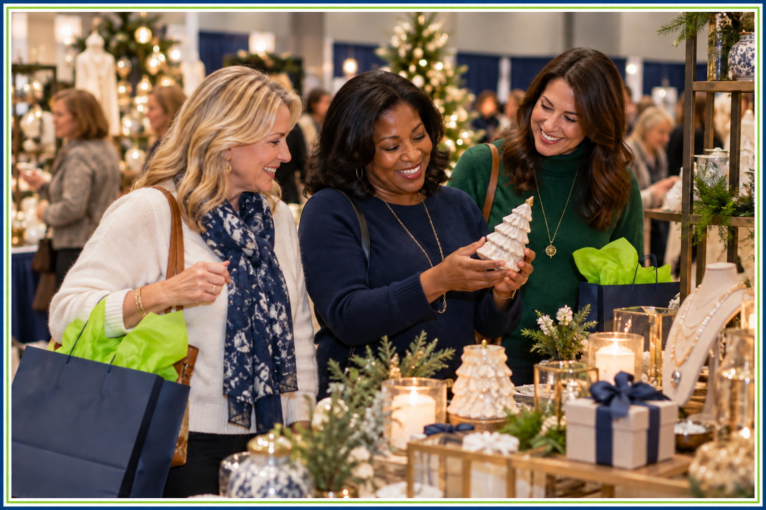 Three shoppers browse holiday gifts at a festive merchant booth.