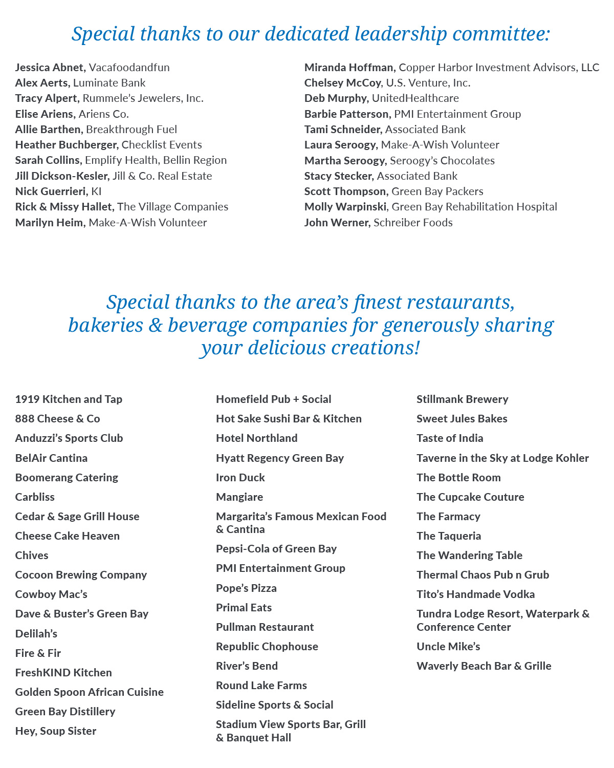 Special thanks to our dedicated leadership committee and the area's finest restaurants, bakeries & beverage companies.