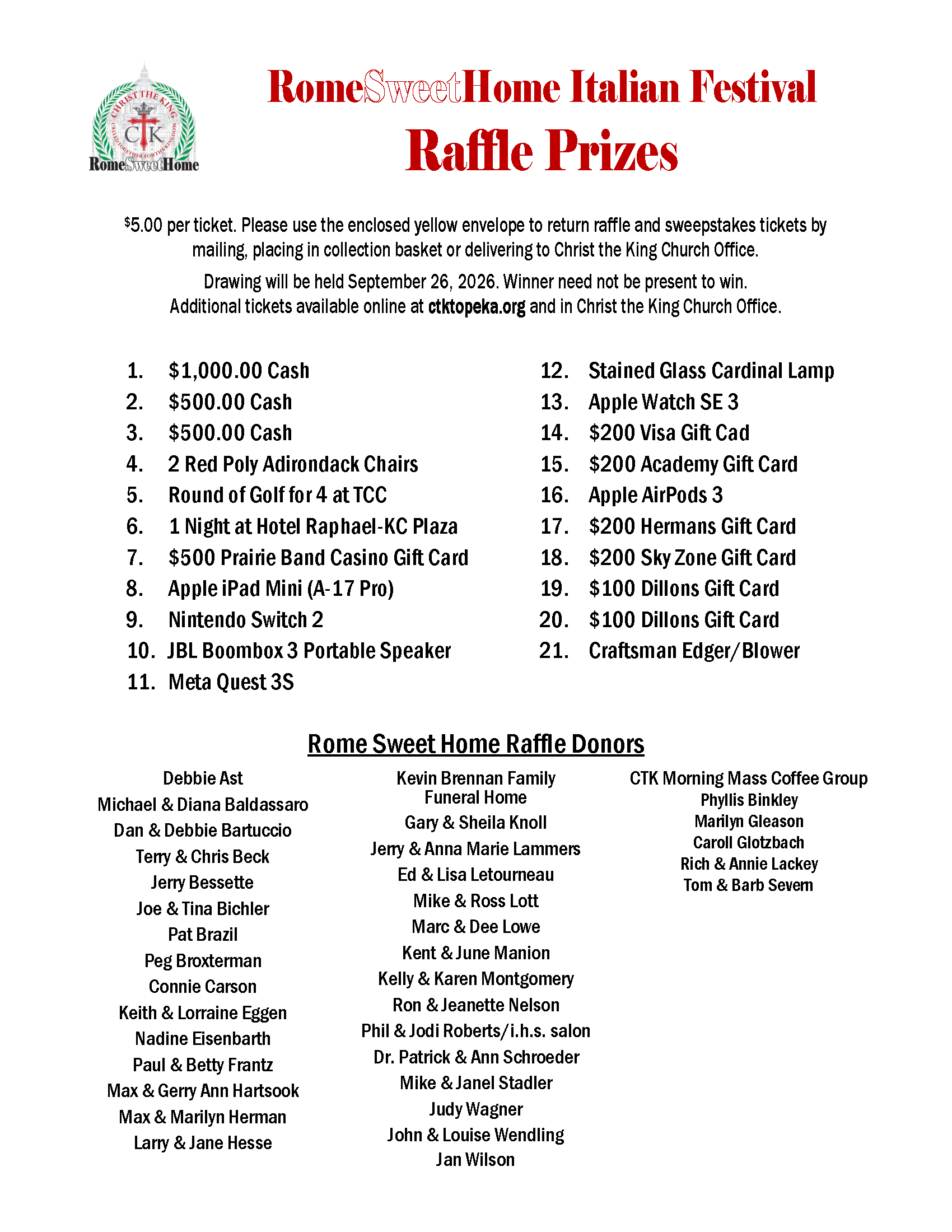 2026 RSH Raffle Prizes