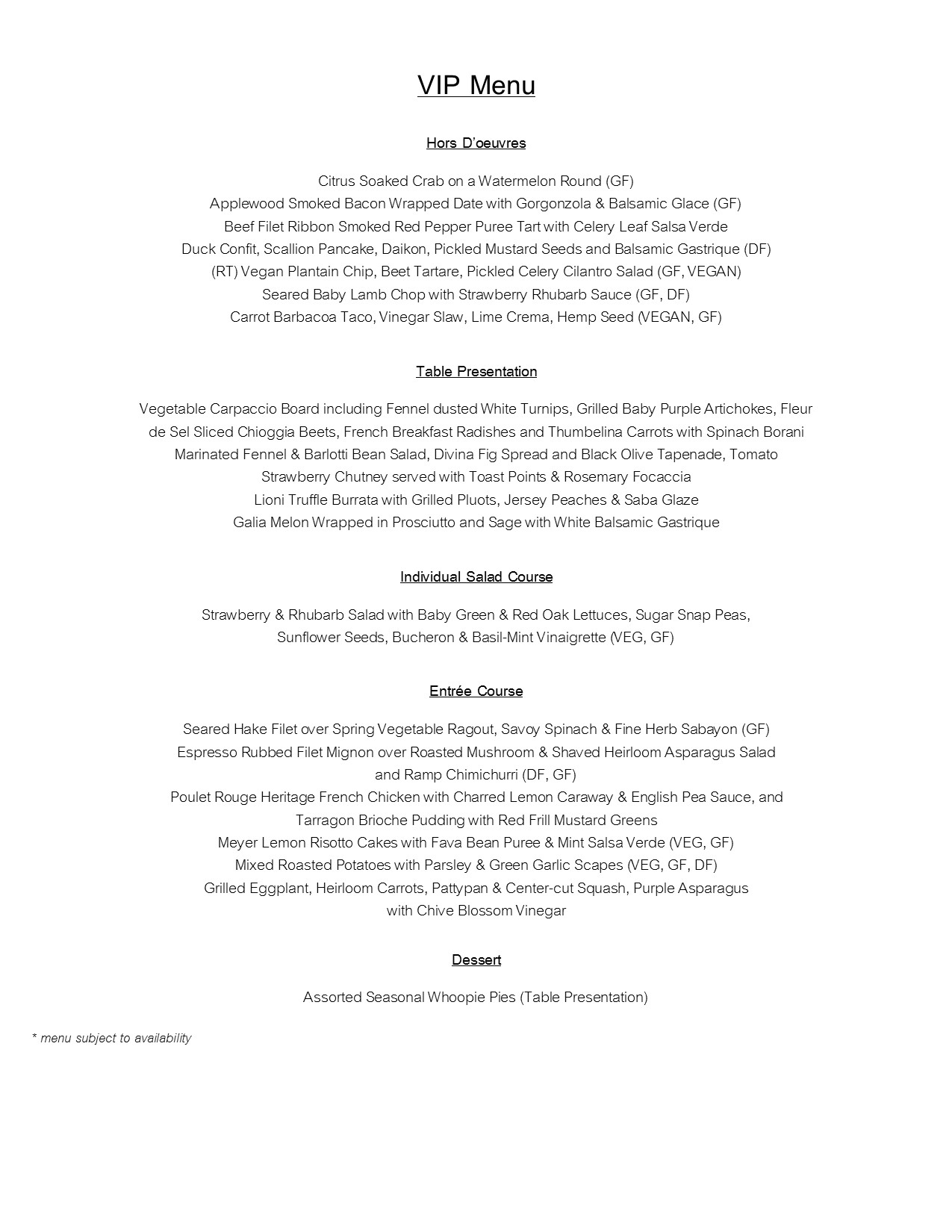 VIP Dinner Menu