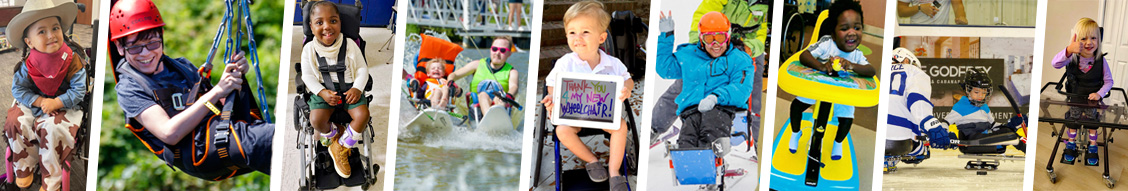 Banner showcasing photos of kids using new medical equipment and participating in Wheelchairs 4 Kids' inclusion program
