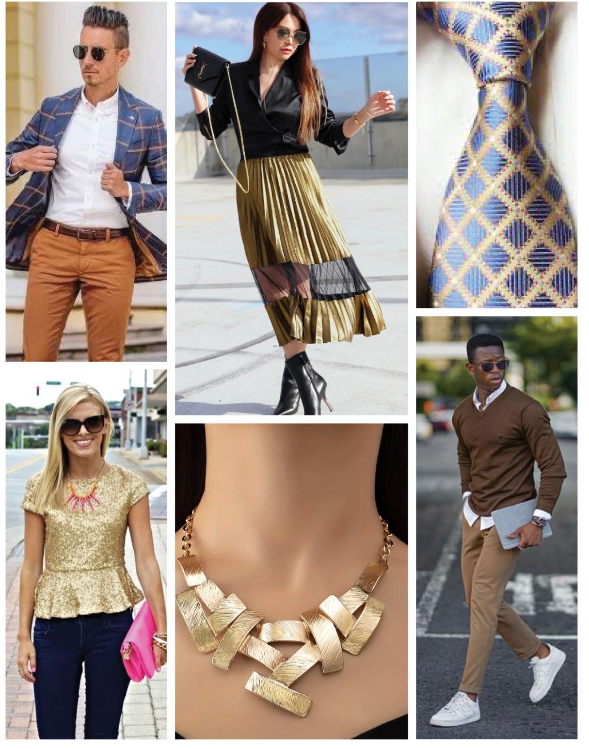 Collage of fashion outfits and accessories arranged in a grid. At the center, a person wears a black top with a pleated metallic gold midi skirt and black ankle boots, holding a small black handbag outdoors on a rooftop. Top left shows a person in a blue plaid blazer, white shirt, and tan pants adjusting the jacket. Top right is a close-up of a patterned tie in blue and gold tones. Bottom left shows a person in a gold textured top, dark jeans, sunglasses, and a statement necklace while holding a bright pink clutch on a city street. Bottom center is a close-up of a gold geometric statement necklace on a neck. Bottom right shows a person in a brown sweater layered over a white shirt, tan pants, white sneakers, and sunglasses walking across a street while holding a tablet.