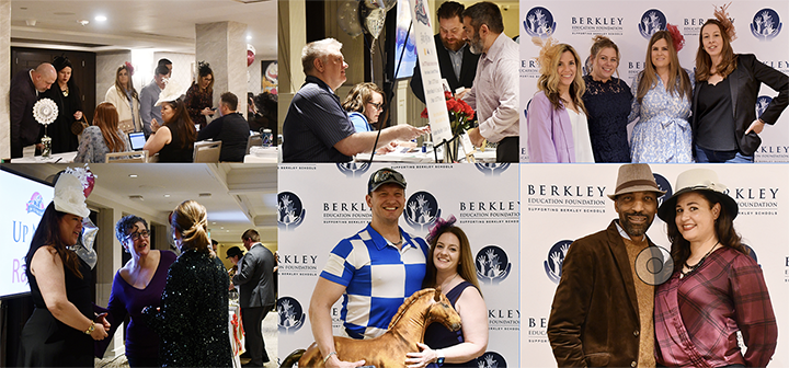 Photo collage of people attending Off to the Races in party clothes
