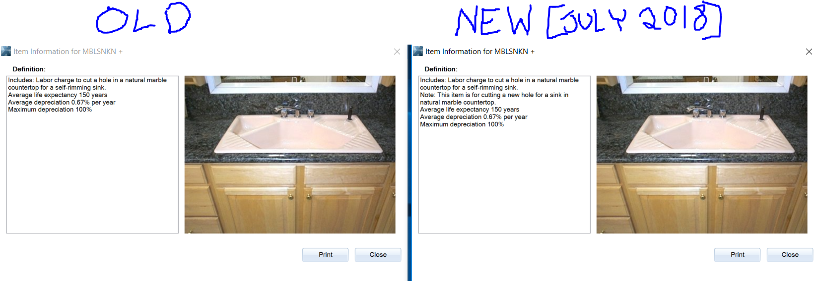 New Vs Old Countertop Line Item Info