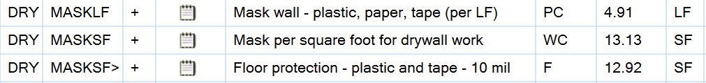 Drywall masking line items