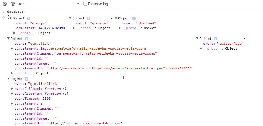 datalayer console log