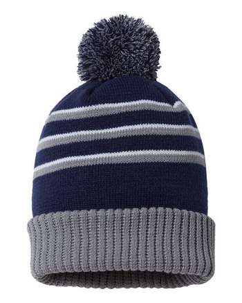 Photo of Stripe Pom Cuffed Beanie - Richardson - Navy/ Grey/ White - view 1