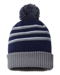Photo of Stripe Pom Cuffed Beanie - Richardson - Navy/ Grey/ White - view 1