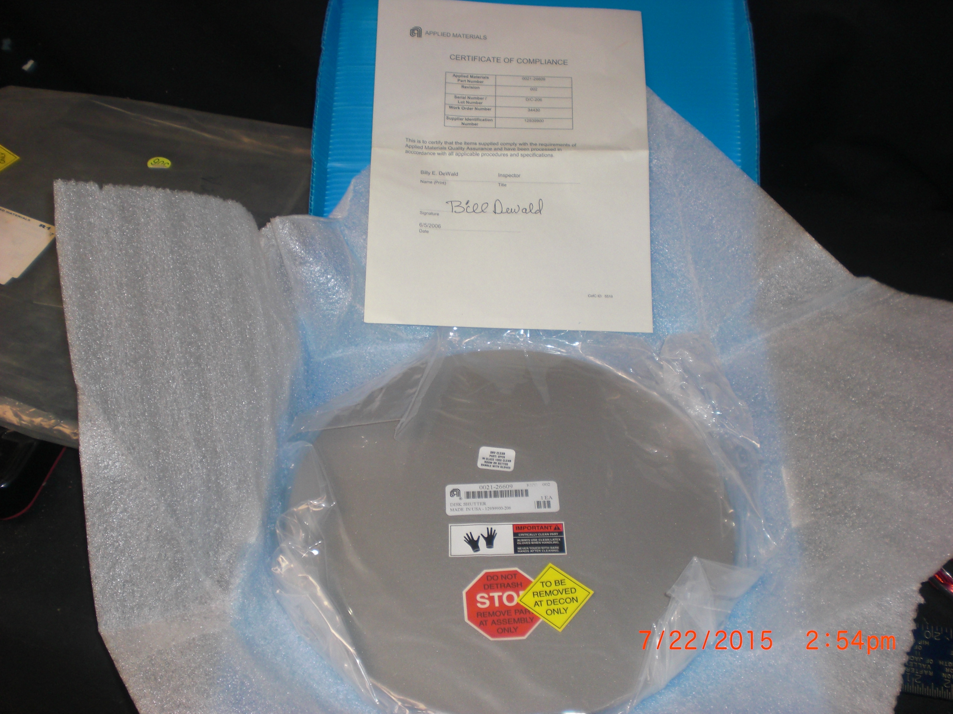 OEM Part Applied Materails (AMAT) 0021-26609 SHUTTER DISK, A101, TTN, CENTER PIN, BLU