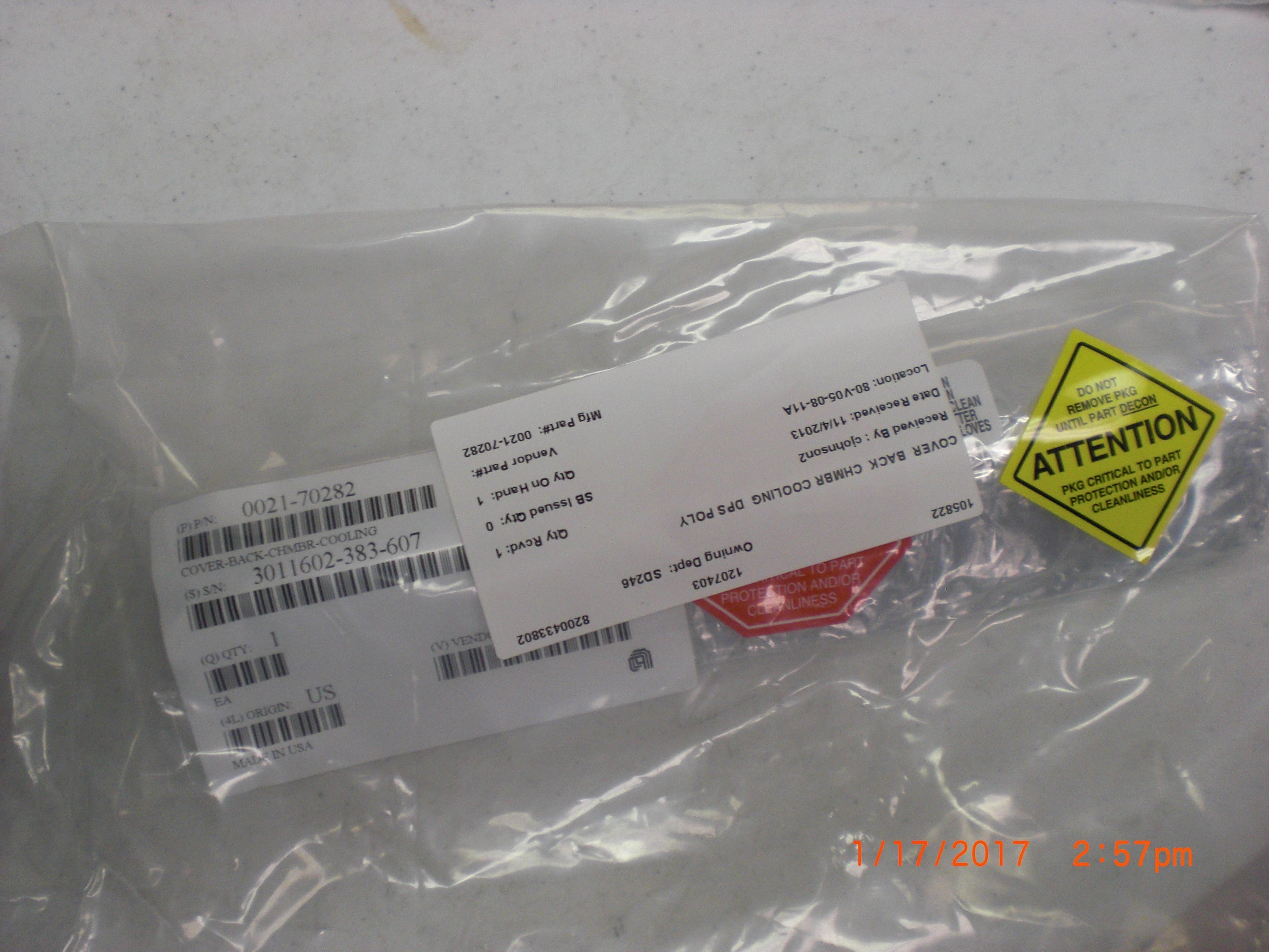 OEM Part (AMAT) 0021-70282 COVER,BACK,CHMBR COOLING,DPS POLY