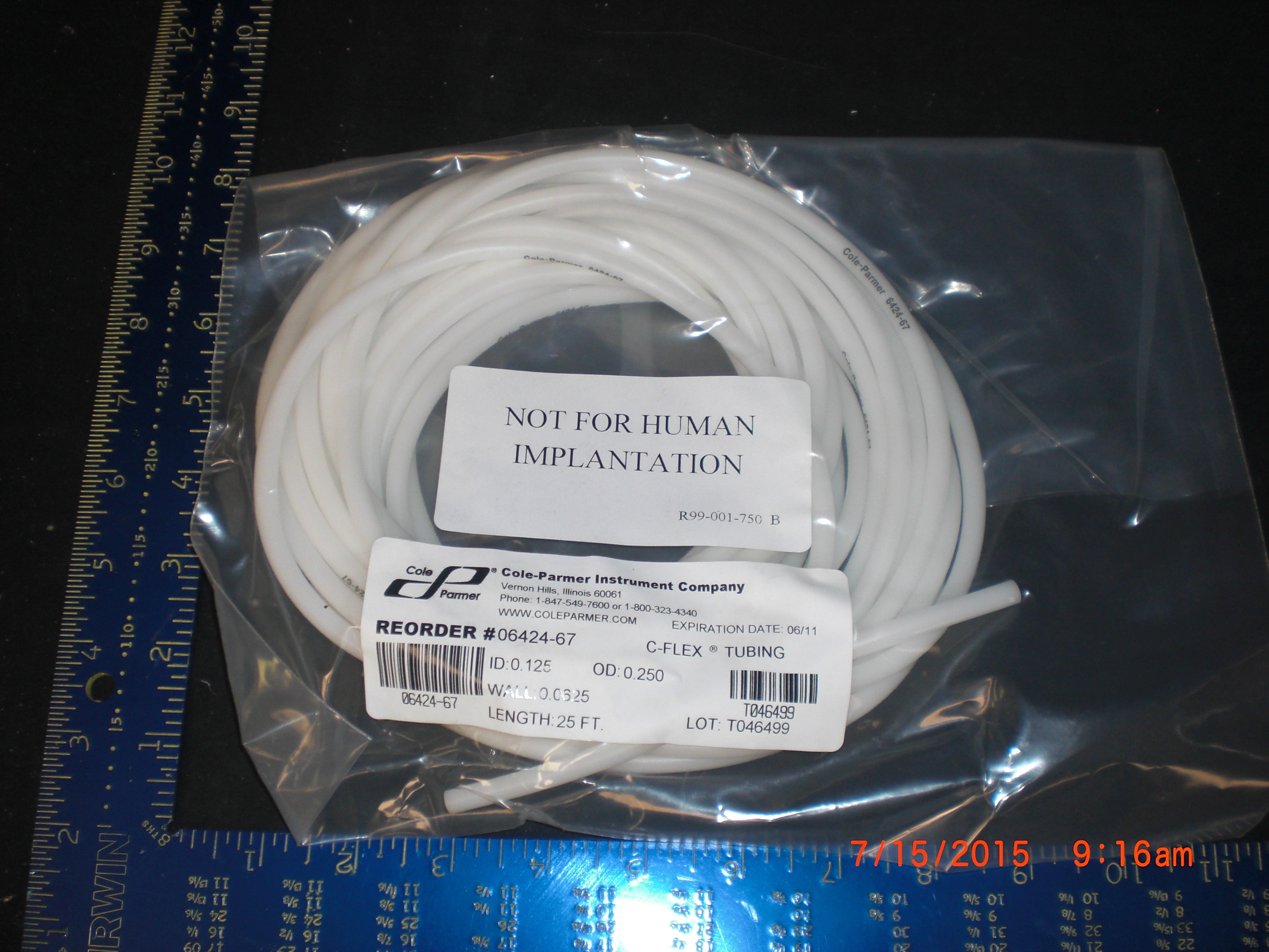 Tubing COLE PARMER 06424-67 25ft C-Flex ID0.125 OD0.250 1/4in 