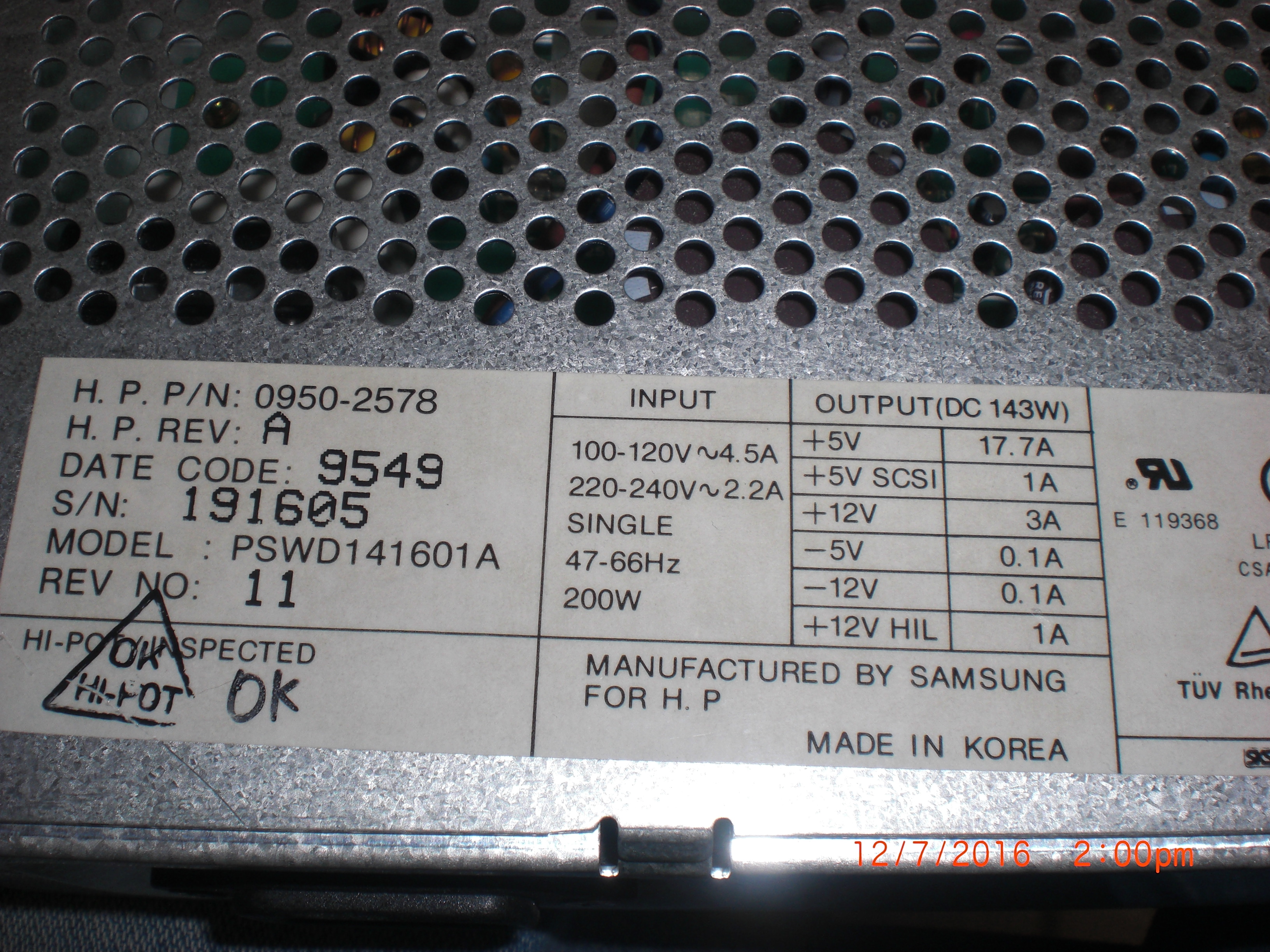 Power Supply  SAMSUNG 0950-2578 modle PSWD141601A  Un Tested No Return Core priced 
