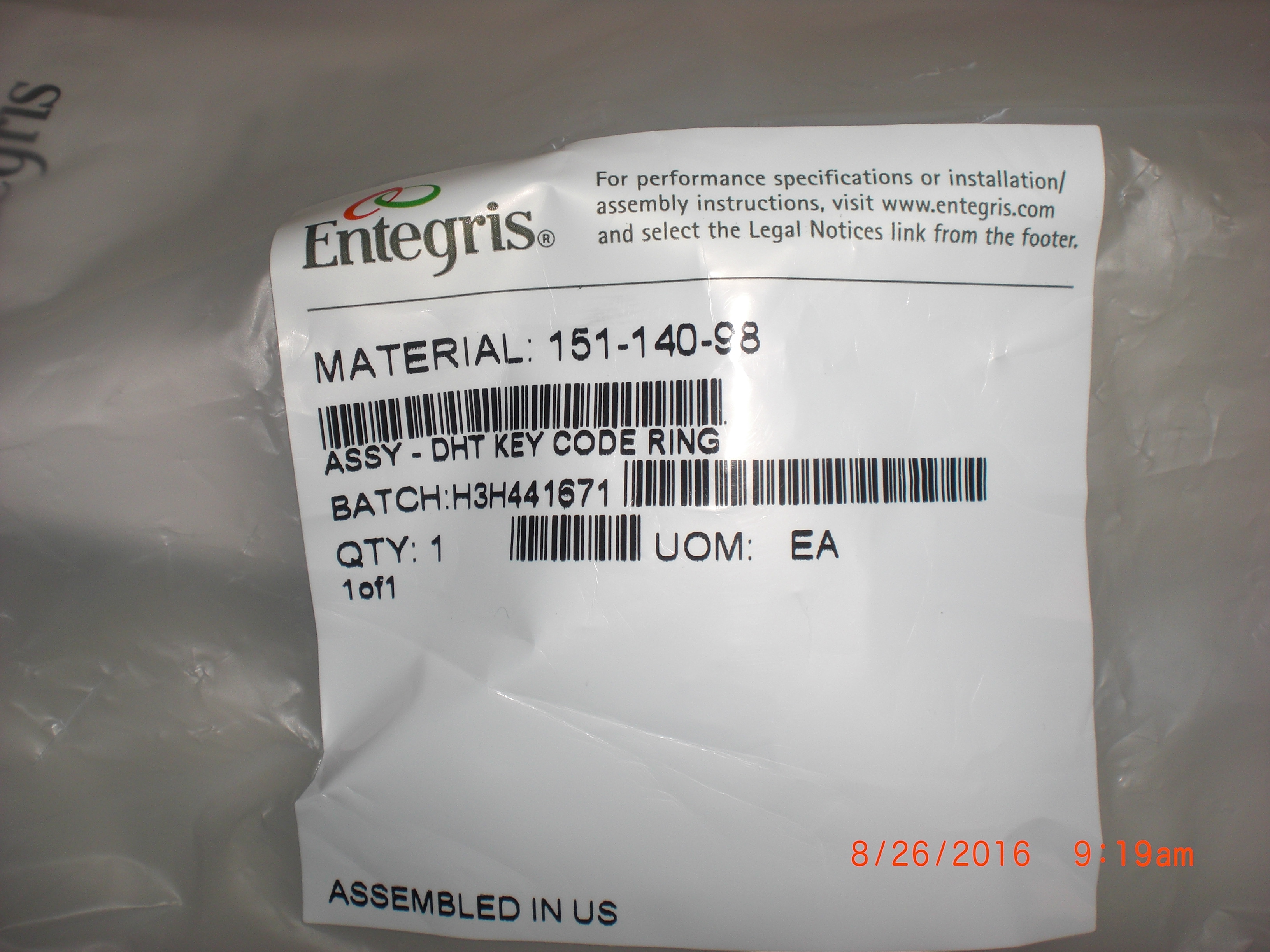 Fitting ENTEGRIS 151-140-98 DHT Key Code Ring PKG 2