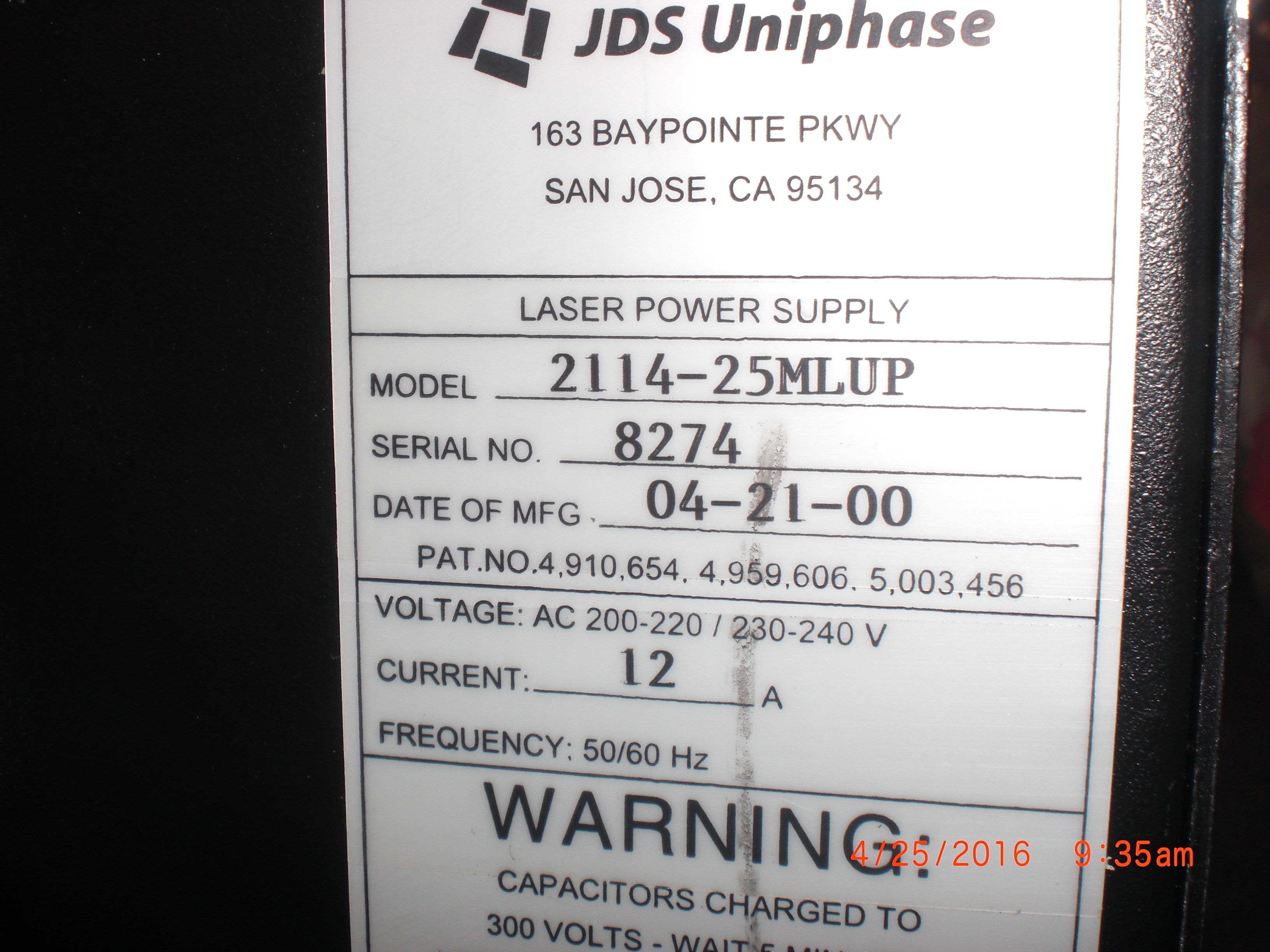 Power Supply  JDS UNIPHASE 2114-25MLUP Laser CRS1010 KLA-TENCOR 