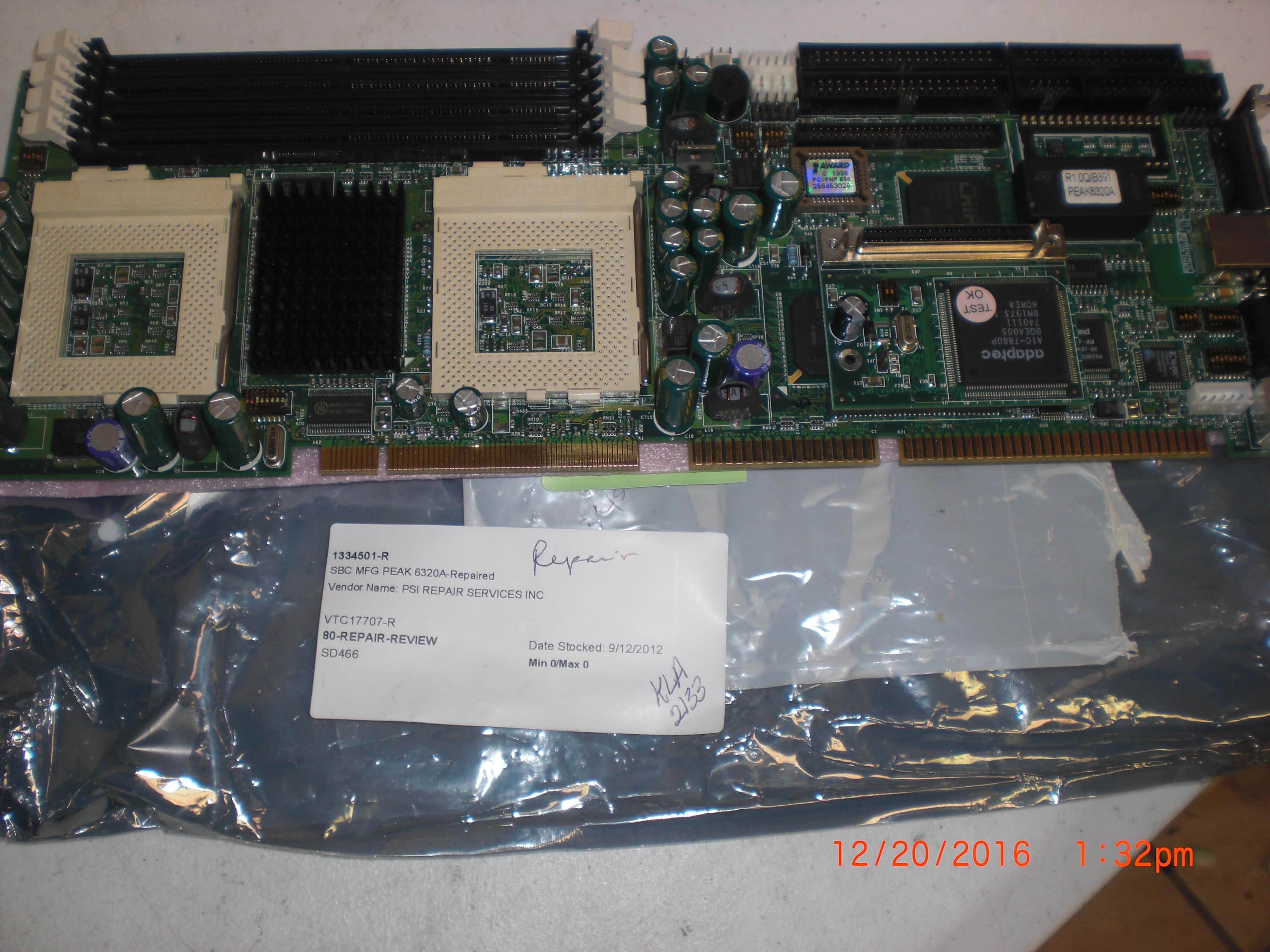 PCB SBC PEAK 6320A KLA-TENCOR 2133 Single board PC UN-TESTED NO-RETURN