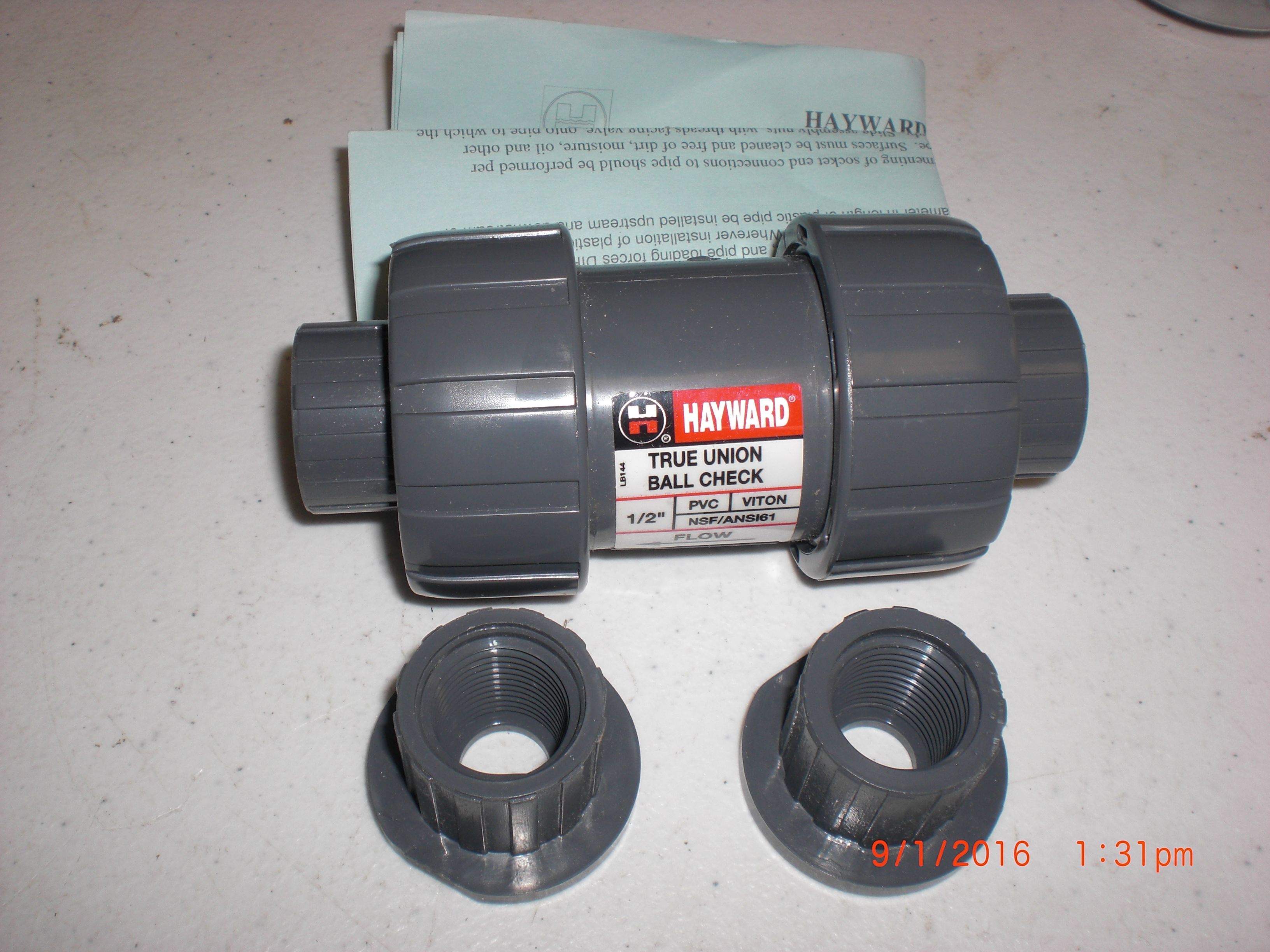 Valve HAYWARD 215-08-006 1/2" TRUE UNION PVC BALL CHECK VALVE VITON SEALS