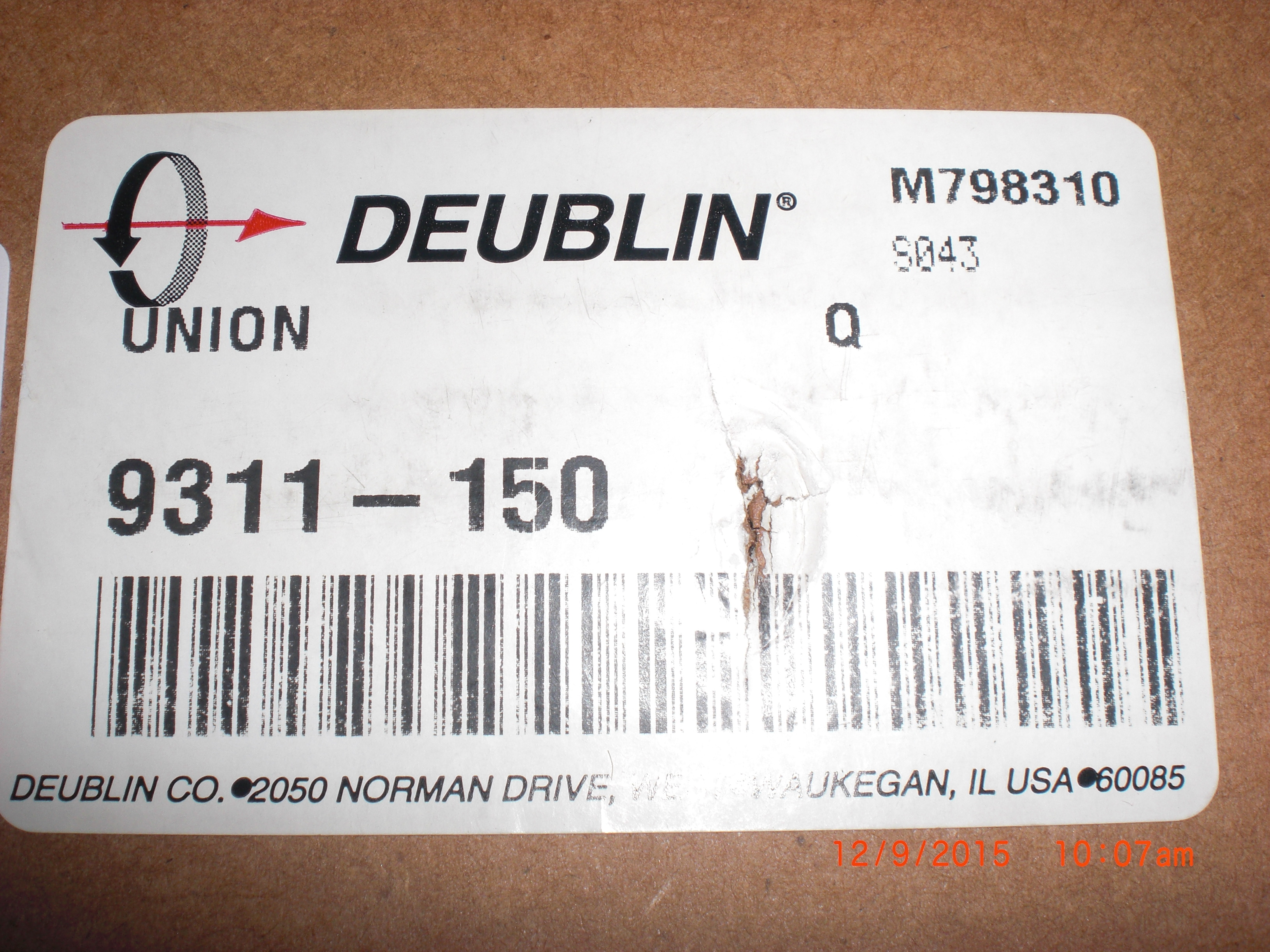 Valve Deublin  Fluid UNION ROTORY 9311-150 STASBAUGH 220701
