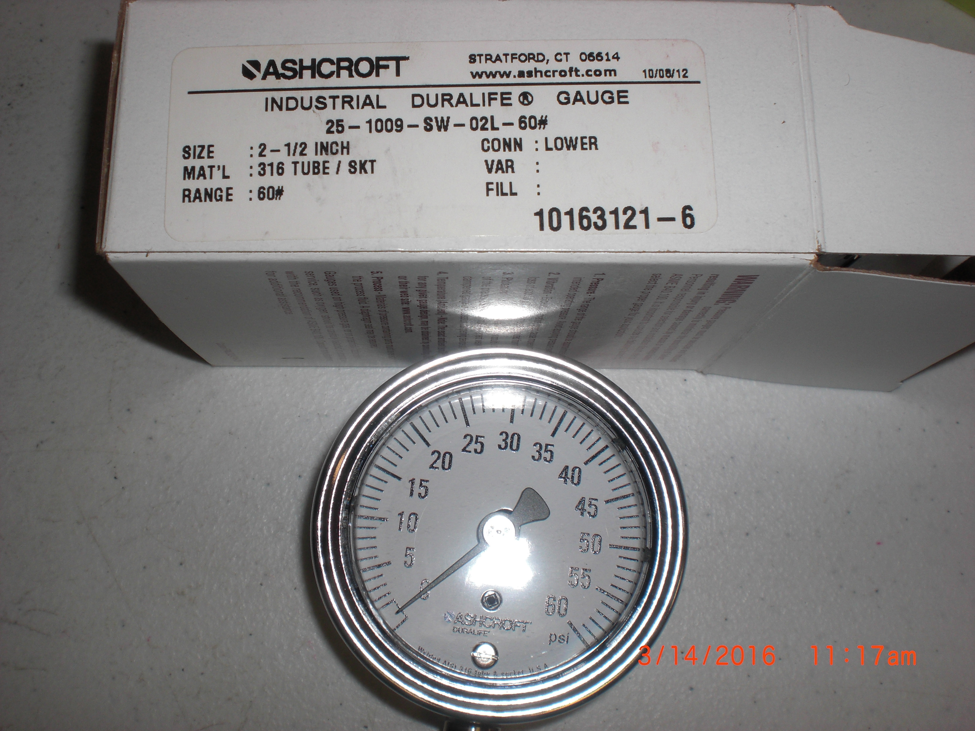 Gauge ASHCROFT  25-1009-SW-02L-60 0-16PSI 2-1/2in 316SS 1/4MPT 