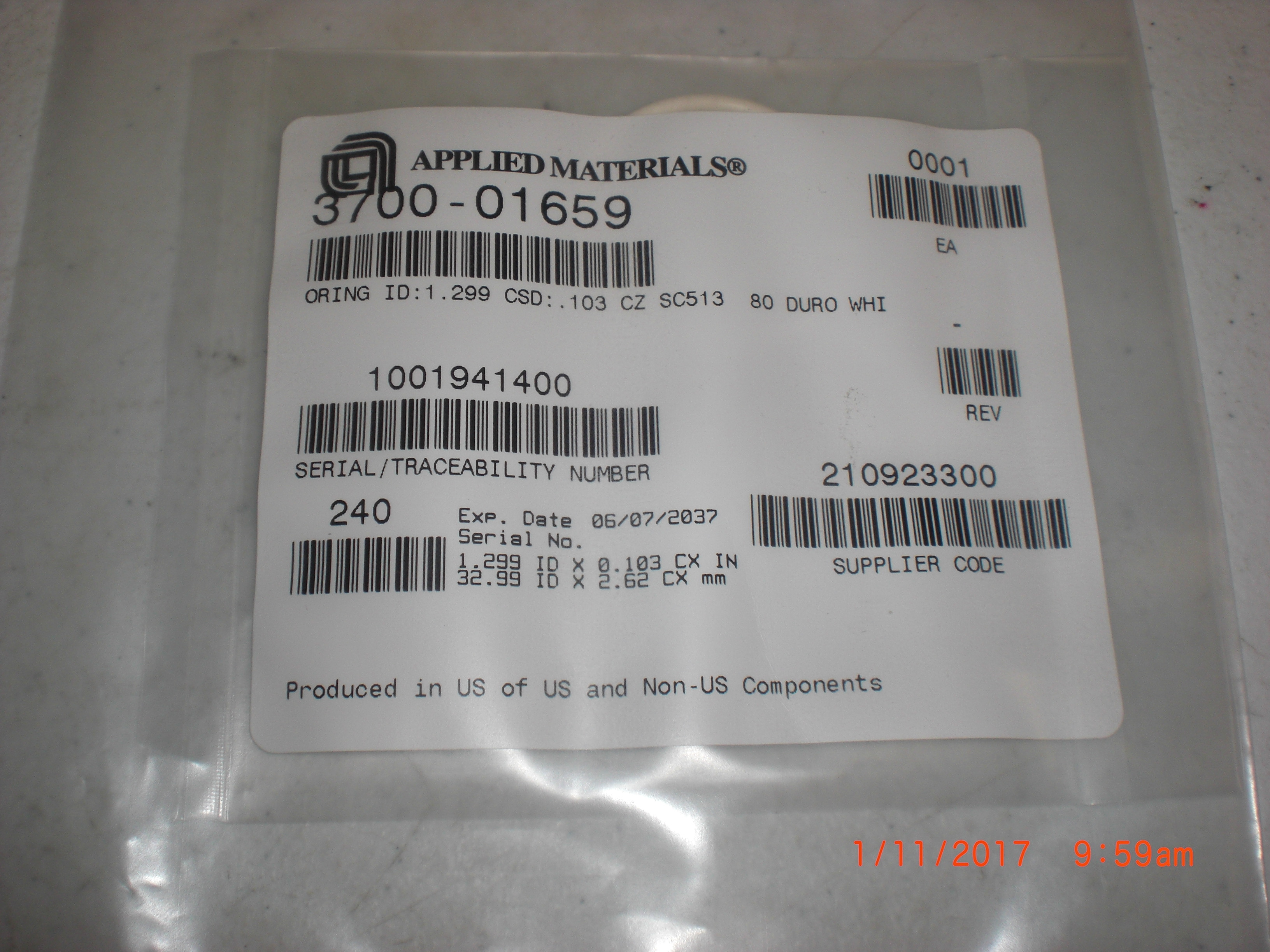 O-Ring  (AMAT) 3700-01659  ID 1.299 CSD .103 CHEMRAZ SC513 80 DURO WHT