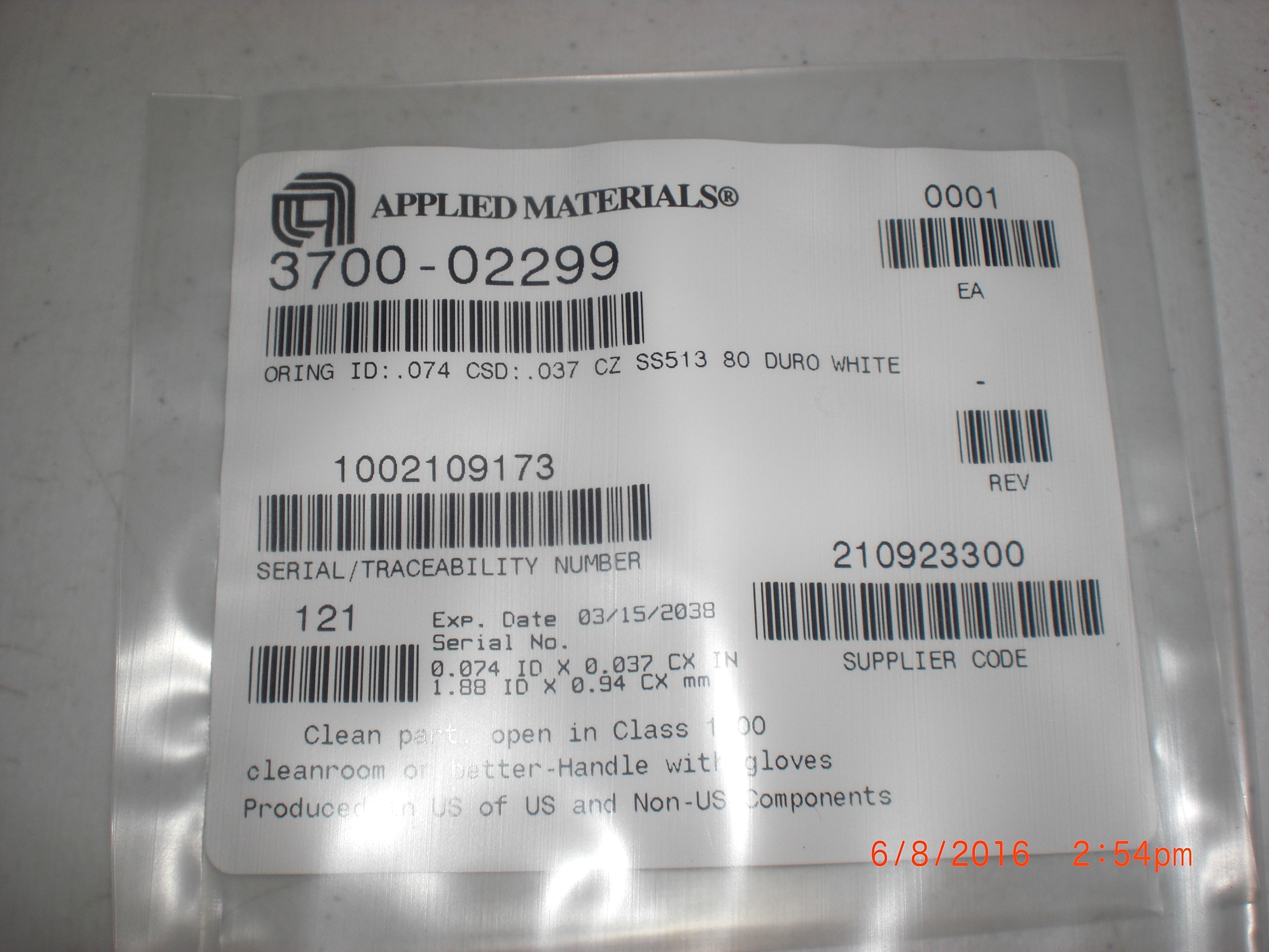 O-Ring  (AMAT) 3700-02299  ID .074 CSD .037 CHEMRAZ 80 DURO WHT