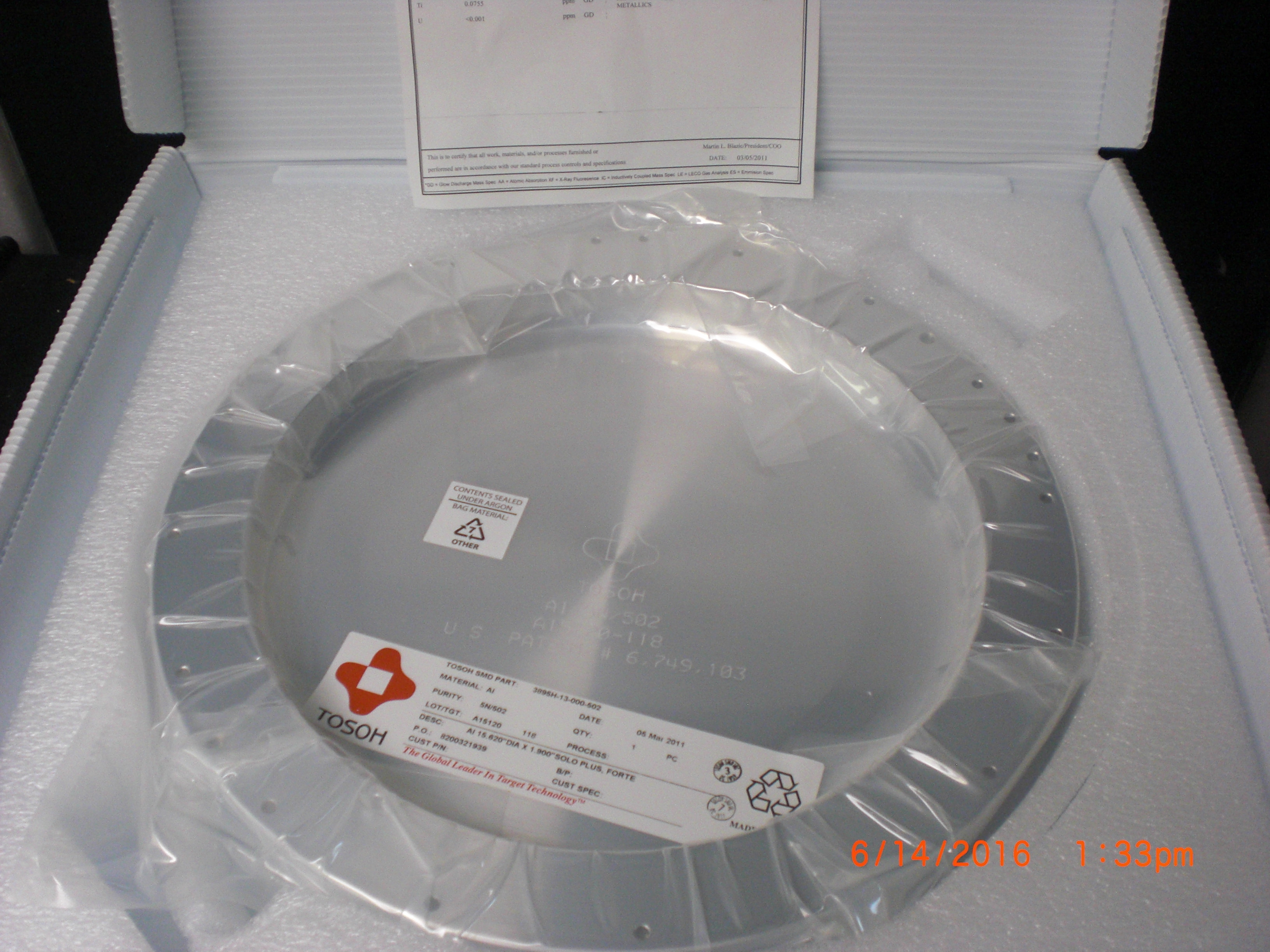 OEM Part Tosoh 3895H-13-000-502 Applied Materails (AMAT) Target Al grade 502 Endura