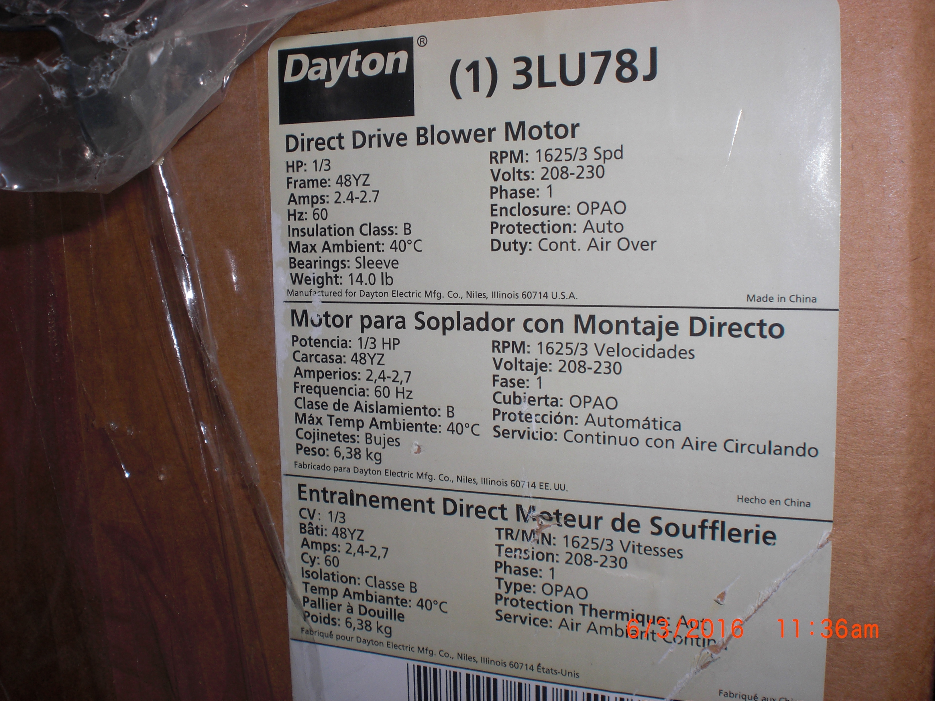 Motor  direct drive blower with mount DAYTON 3LU78J 