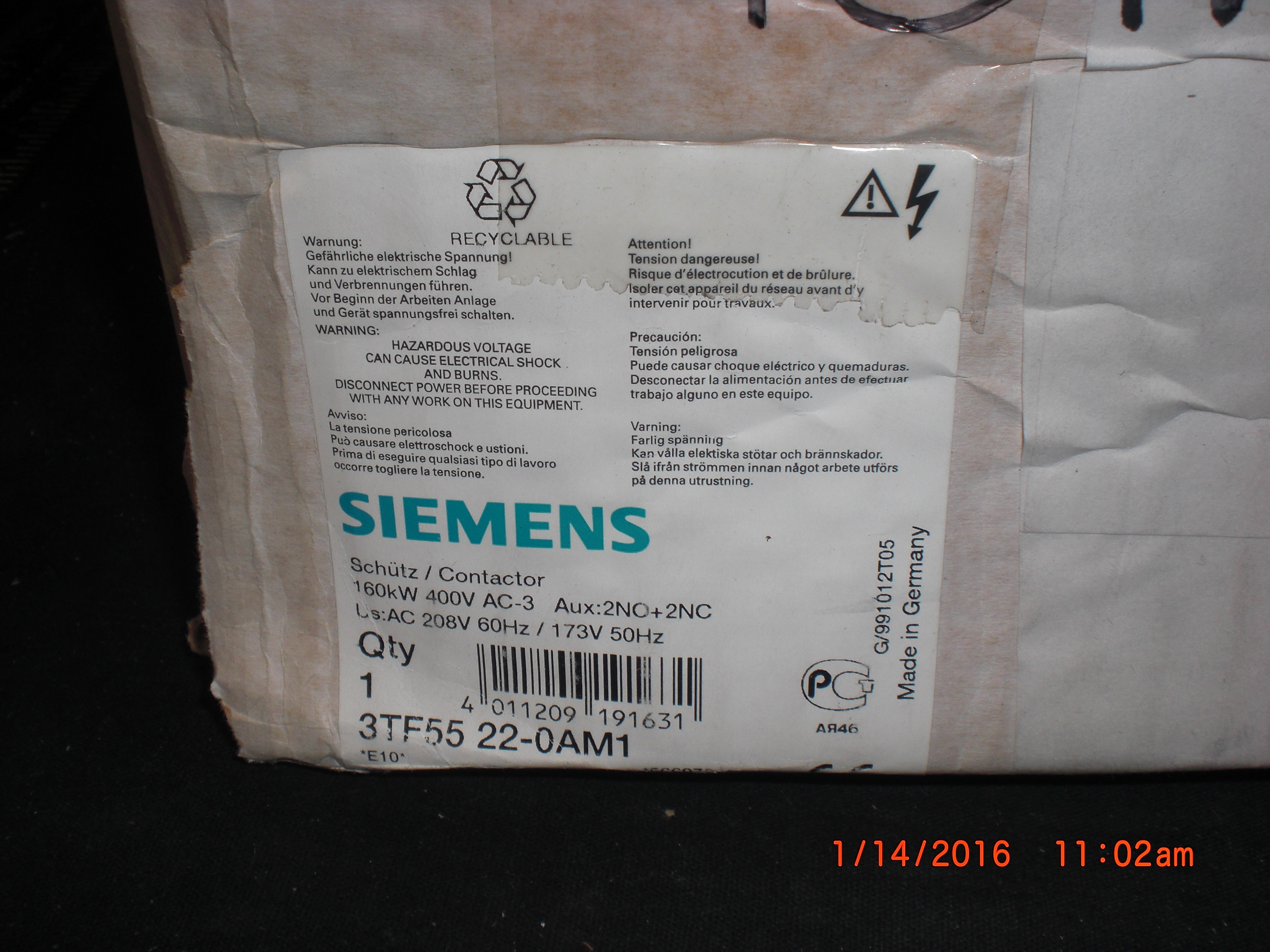 Electrical SIEMENS 3TF55 22-0AM1 Motor Starter Contactors - Series 3TF  230V/460V 125/250HP  New Damaged