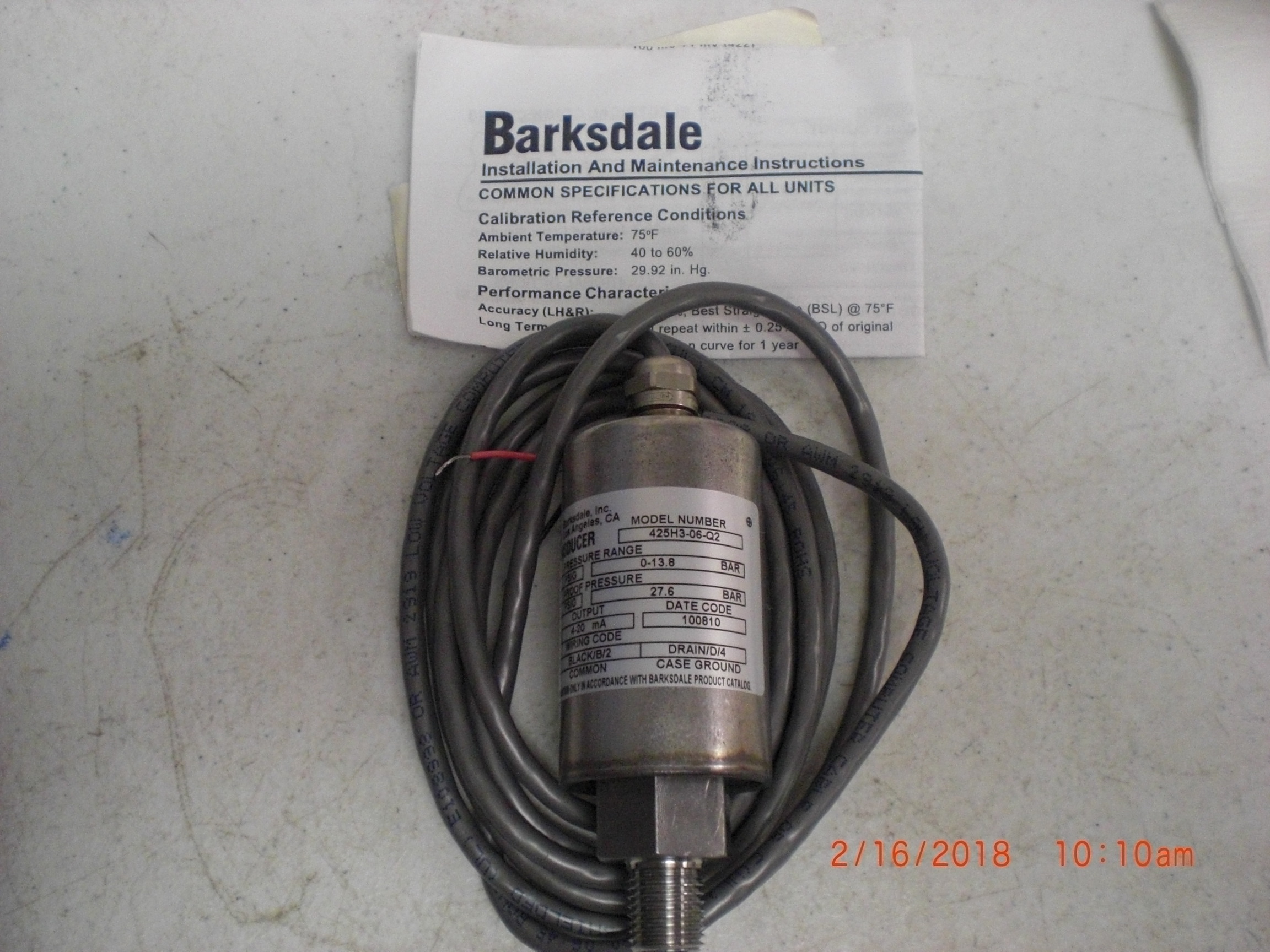 Transducer BARKSDALE 425H3-06-Q2 Pressure SS 0-200PSIG