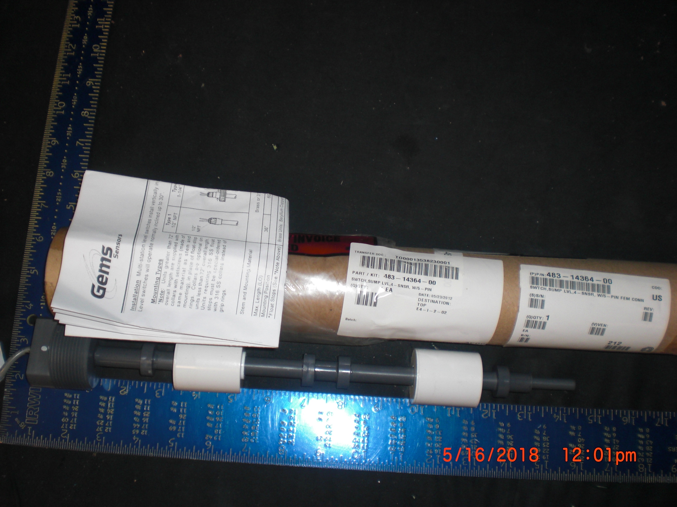 Switch GEMS LS-800  (AMAT) 483-14364-00 Sump LVL 4 W/5 pin connector Vector 5001