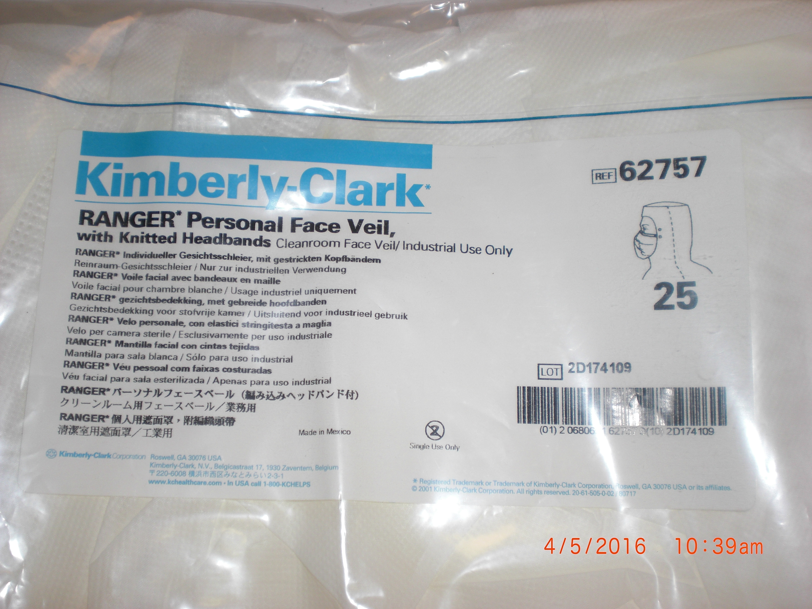 Hardware  PKG 25 Face Veil / Knitted Headbands  White Polyethylene KIMBERLY-CLARK 62757