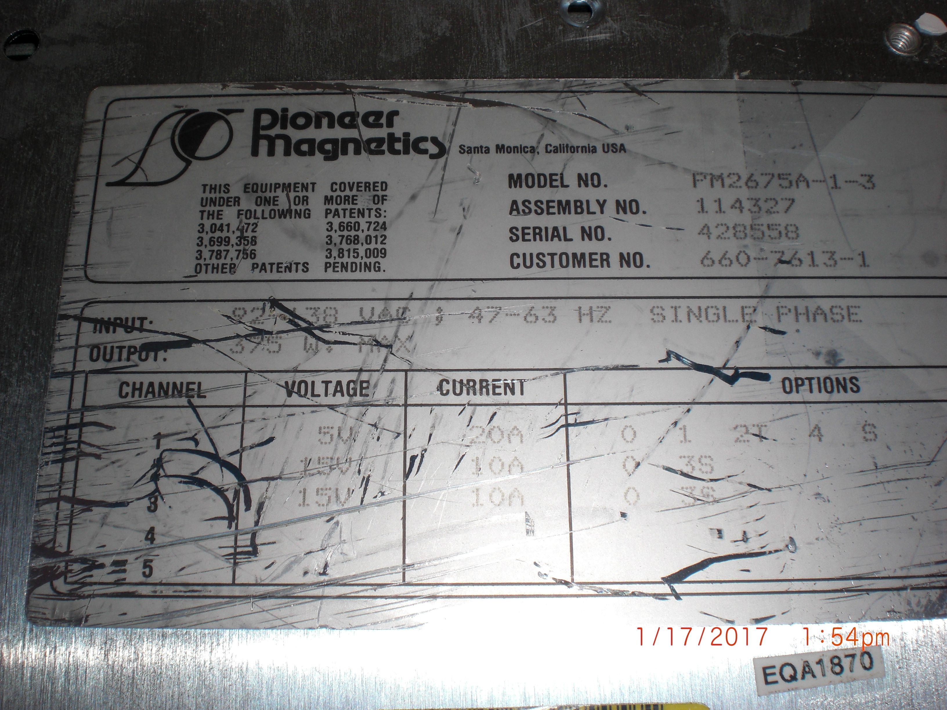 Power Supply  PIONEER MAGNETICS PM2675A-1-3 LAM RESEARCH (LAM) 660-007613-001 5V/30A, 15V/10A x 2 UNTESTED NO RETURN