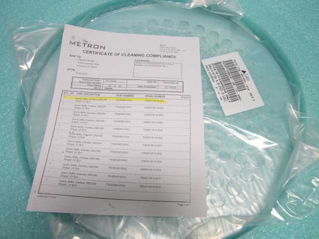 OEM Part LAM RESEARCH (LAM) 716-801451-019 QUARTZ  BAFFLE CHAMBER 2300MW STRIPPER UV BLK
