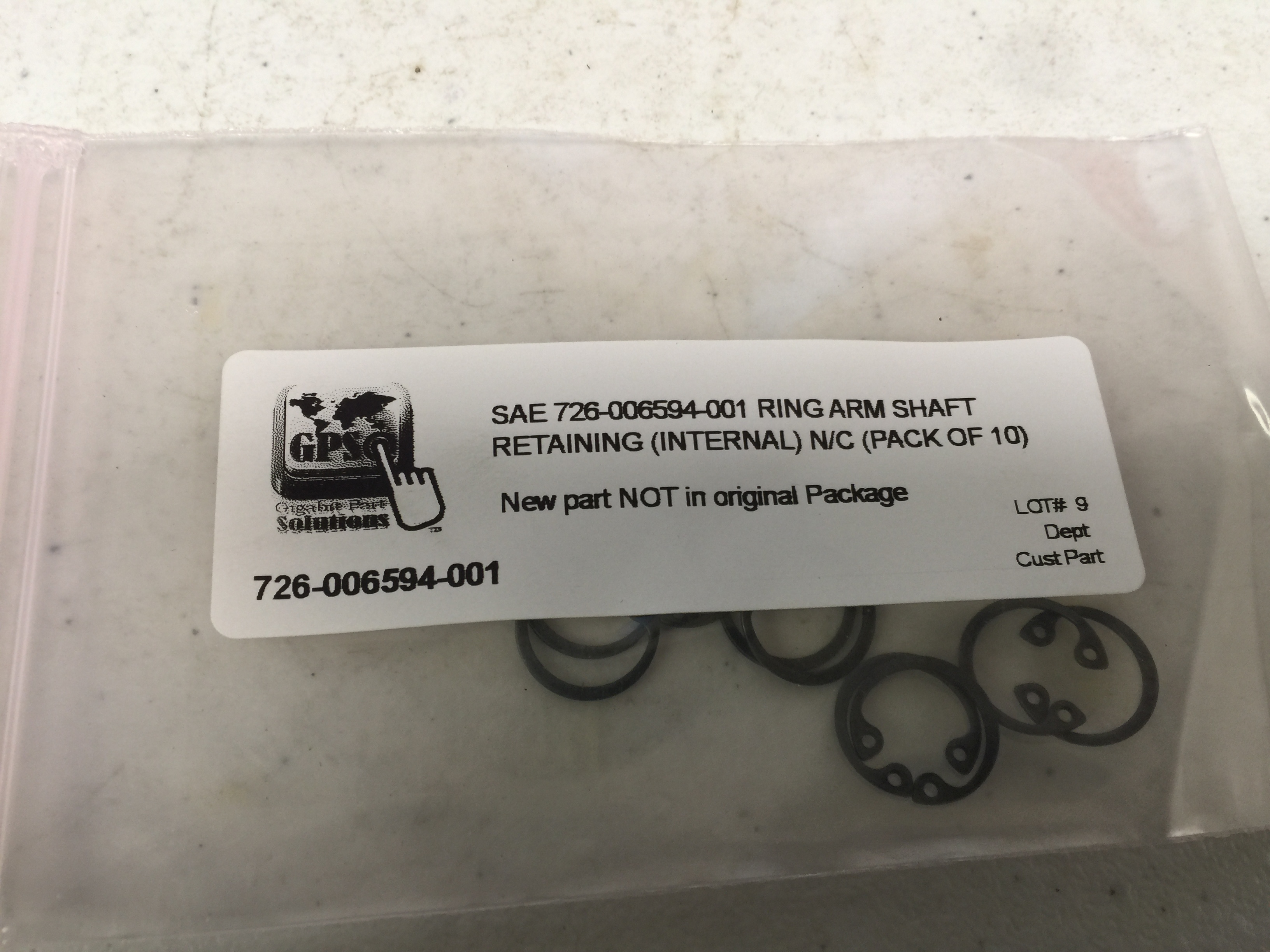 Hardware (PKG 10) SAE 726-006594-001 RING ARM SHAFT RETAINING (INTERNAL) N/C 