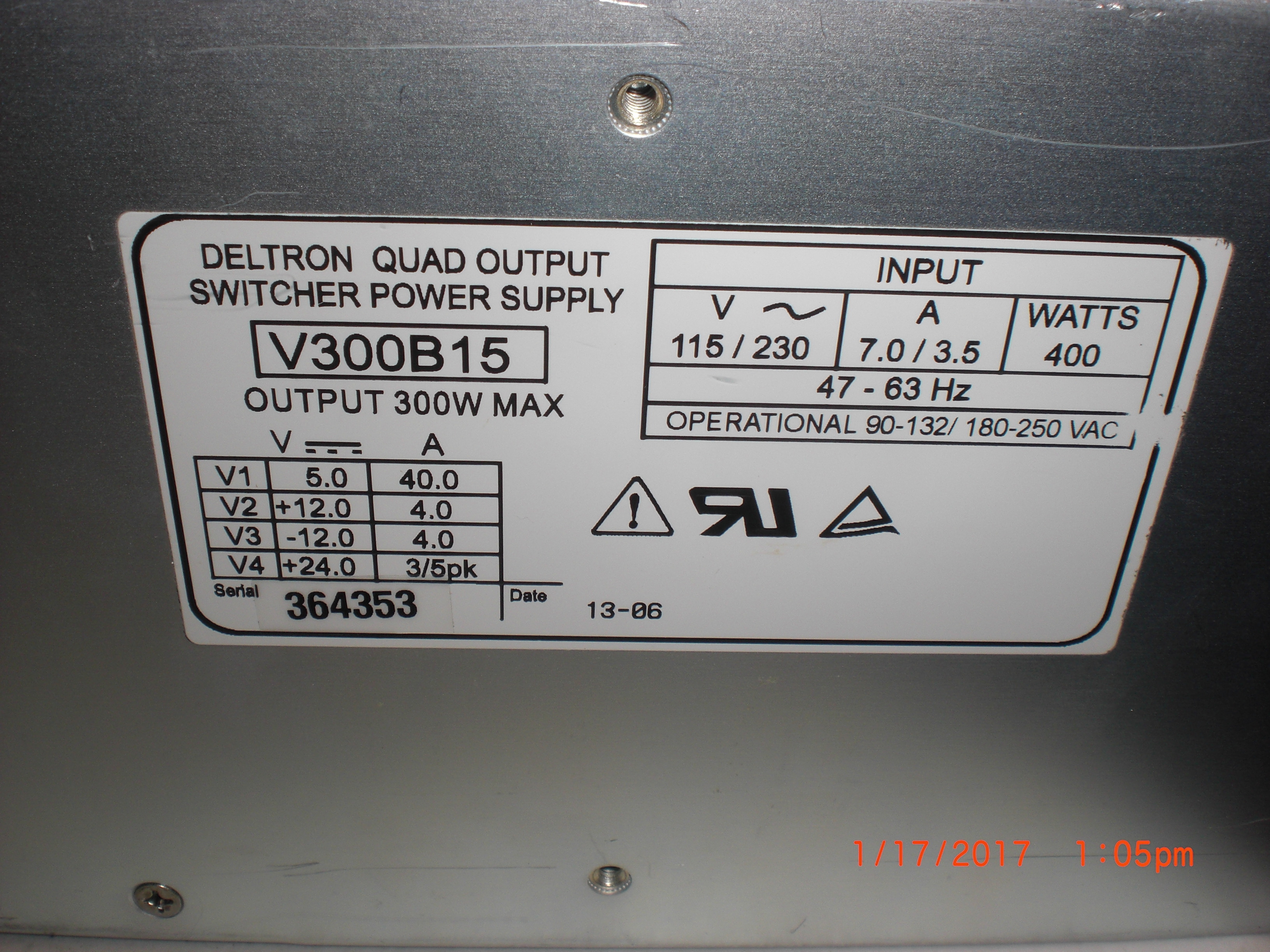 Power Supply  DELTRON V300B15 LAM RESEARCH (LAM) 853-017230-001 Switching 400W Power supply UNTESTED NO RETURN