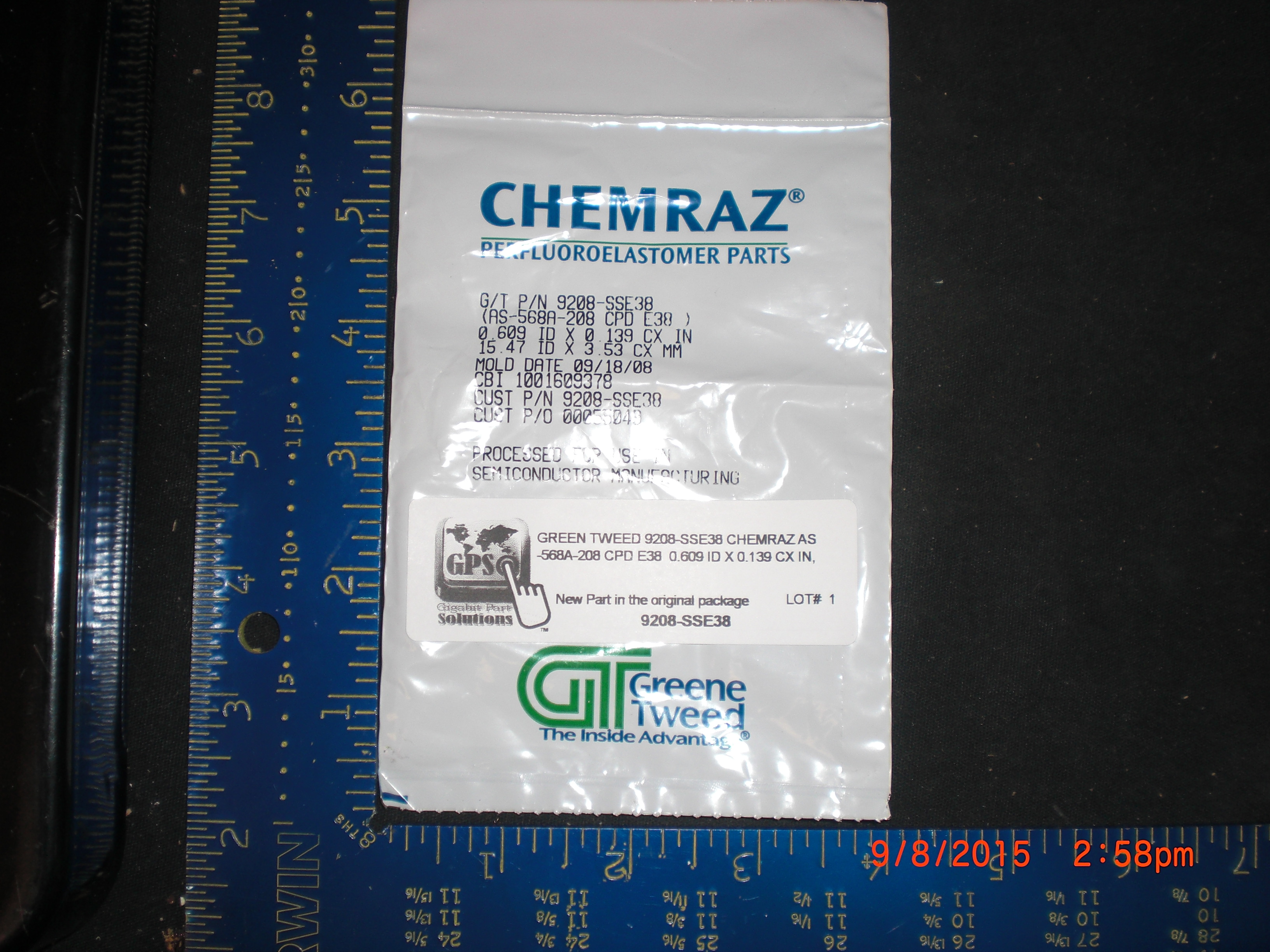 O-Ring  GREEN TWEED 9208-SSE38 CHEMRAZ AS-568A-208 CPD E38  0.609 ID X 0.139 CX IN,